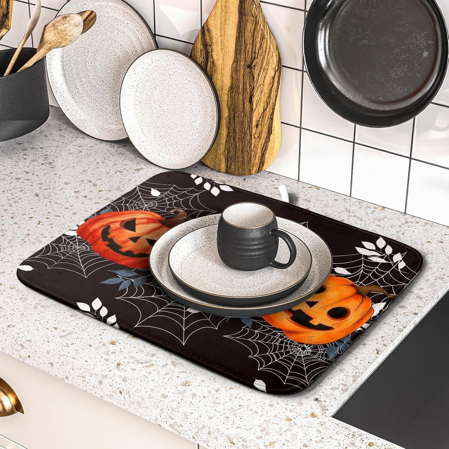 Halloween Dish Drying Mat for Kitchen Counter Spooky Pumpkins Spiderweb Super Absorbent Reversible Microfiber Kitchen Countertop Protector Dishes Pad Small 16x18 inch