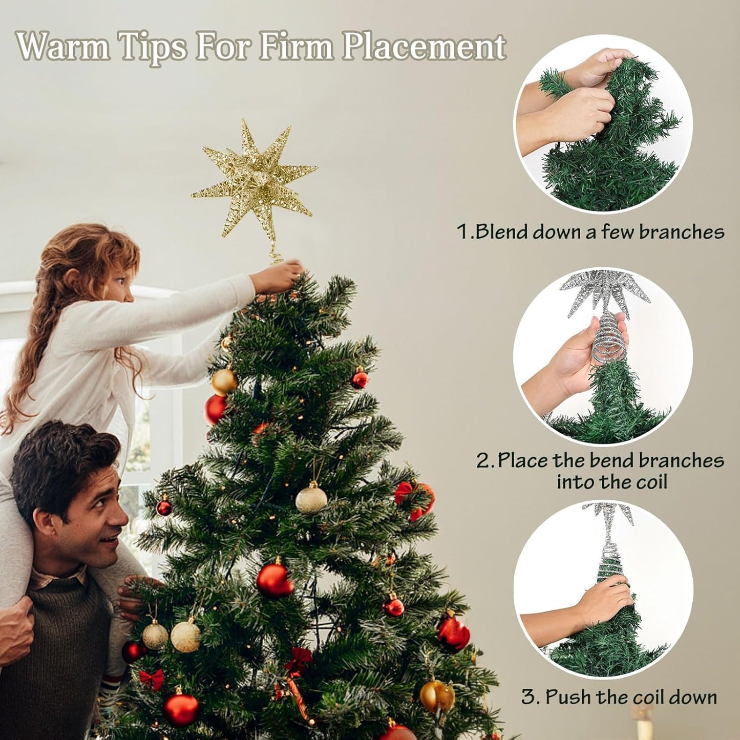 Christmas Star Tree Topper Gold, Tree Topper Star with Warm White 50 LED Light Beads for Home Holiday Xmas Tradition Moravian Decor, Timer Function 5m Cable