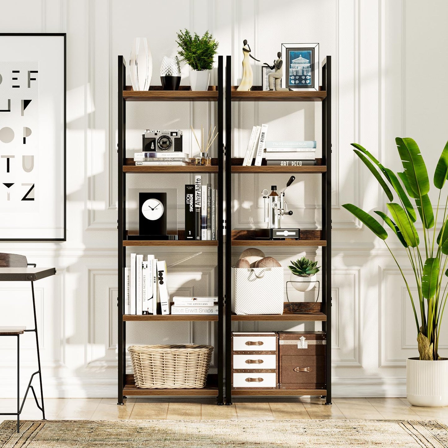 NUMENN Narrow Bookshelf, 5 Tier Bookshelves, Home Office Bookcase Shelf Storage Organizer, Free Standing Storage Shelving Unit for Bedroom, Living Room and Home Office, Vintage