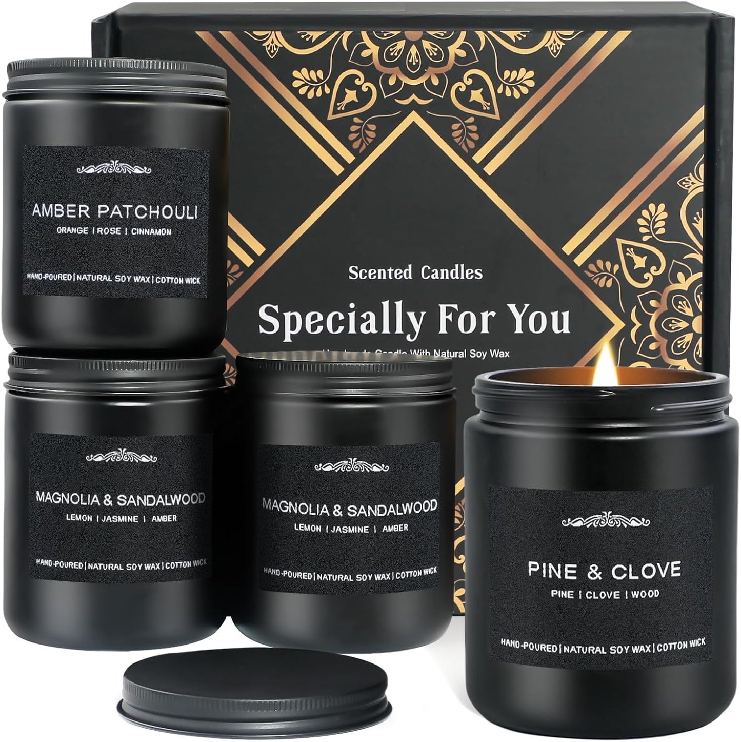Scented Candle Set for Men, 4 Pack Black Jar Candles with Manly Scents – Amber Patchouli, Magnolia Sandalwood, Cedar Oakmoss, Pine Clove, Soy Wax Aromatherapy Gift for Him, Dad, Husband, Father's Day