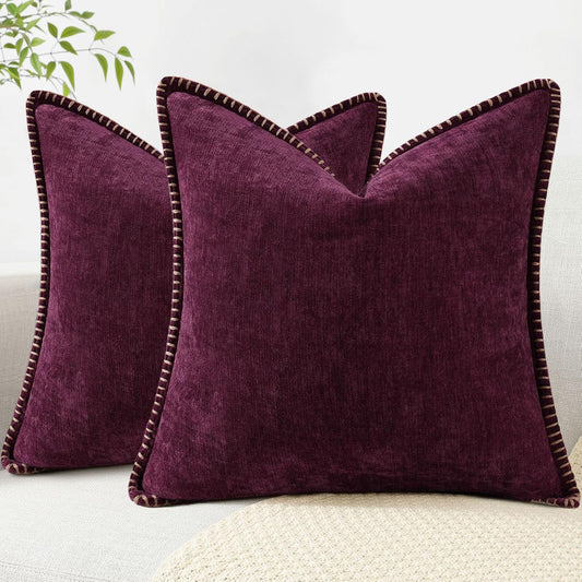 decorUhome Chenille Soft Throw Pillow Covers 16x16 Set of 2, Farmhouse Velvet Neutral Decorative Euro Pillow Covers with Stitched Edge for Couch Sofa Bed Home Decor, Rhododendron
