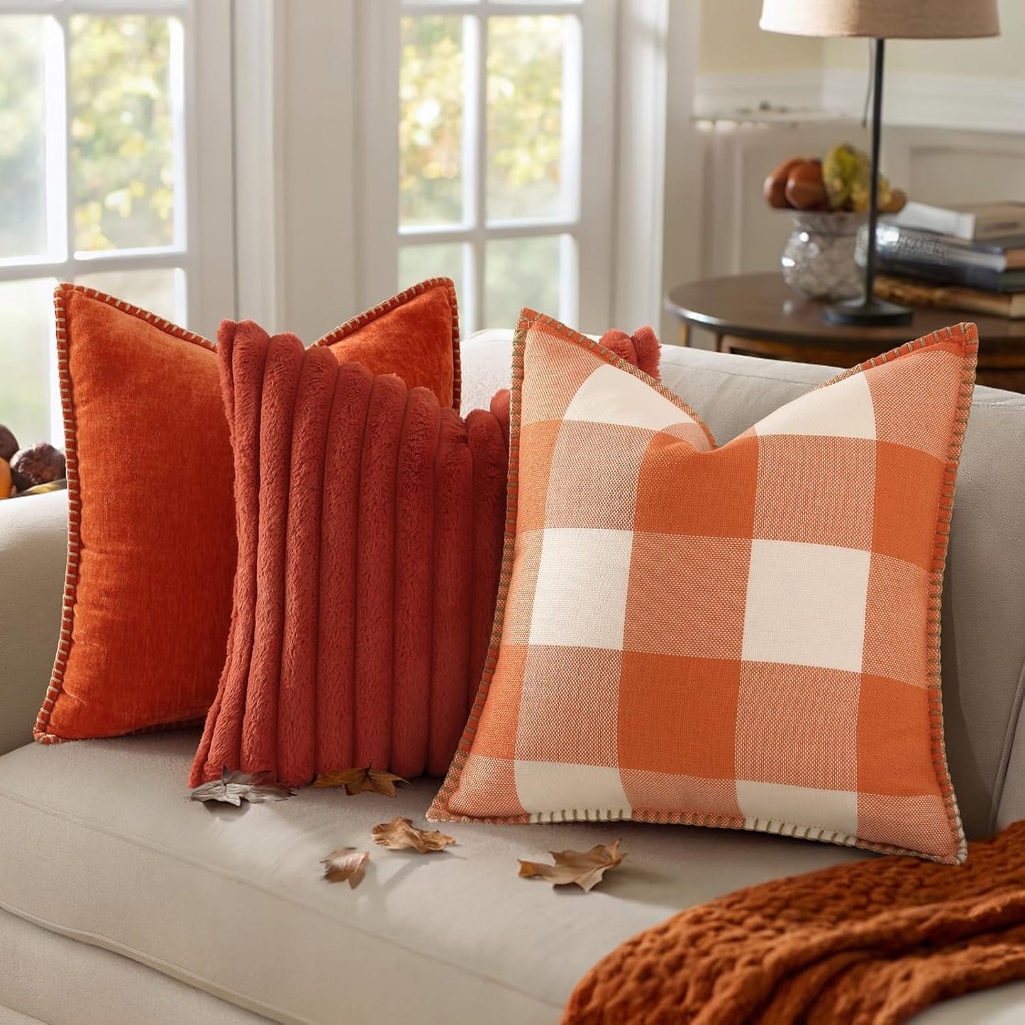 decorUhome Fall Orange and White Decorative Throw Pillow Covers 20x20 Set of 2, Buffalo Plaid Check Farmhouse Cushion Covers with Stitched Edge for Autumn Harvest Couch Sofa Bed Home Decor