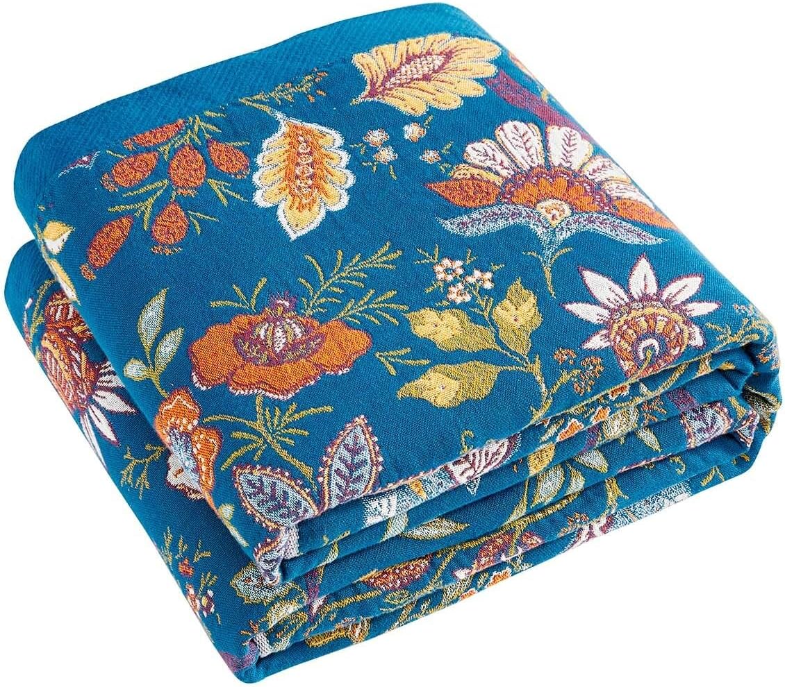 Fall Throw Blanket for Couch, Blue Boho Decorative Throw Blanket, 100% Cotton Muslin Breathable Woven Farmhouse Blankets Quilt, 90"x98" Reversible Lightweight Blankets Bohemian Throw Quilt