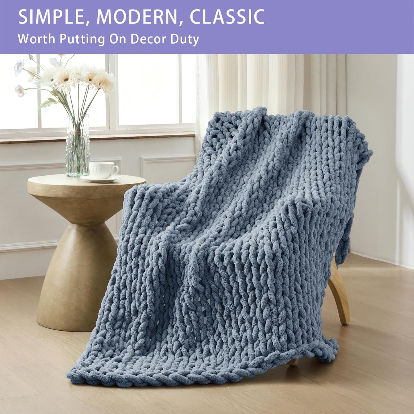 Bigacogo Chunky Knit Throw Blanket for Couch, 51x63 inches, 100% Hand Knitted with Thick Jumbo Chenille Yarn, Cozy Soft Large Rope Knot Cable Crochet Blankets for Sofa Bed Living Room, Cold Sea Blue