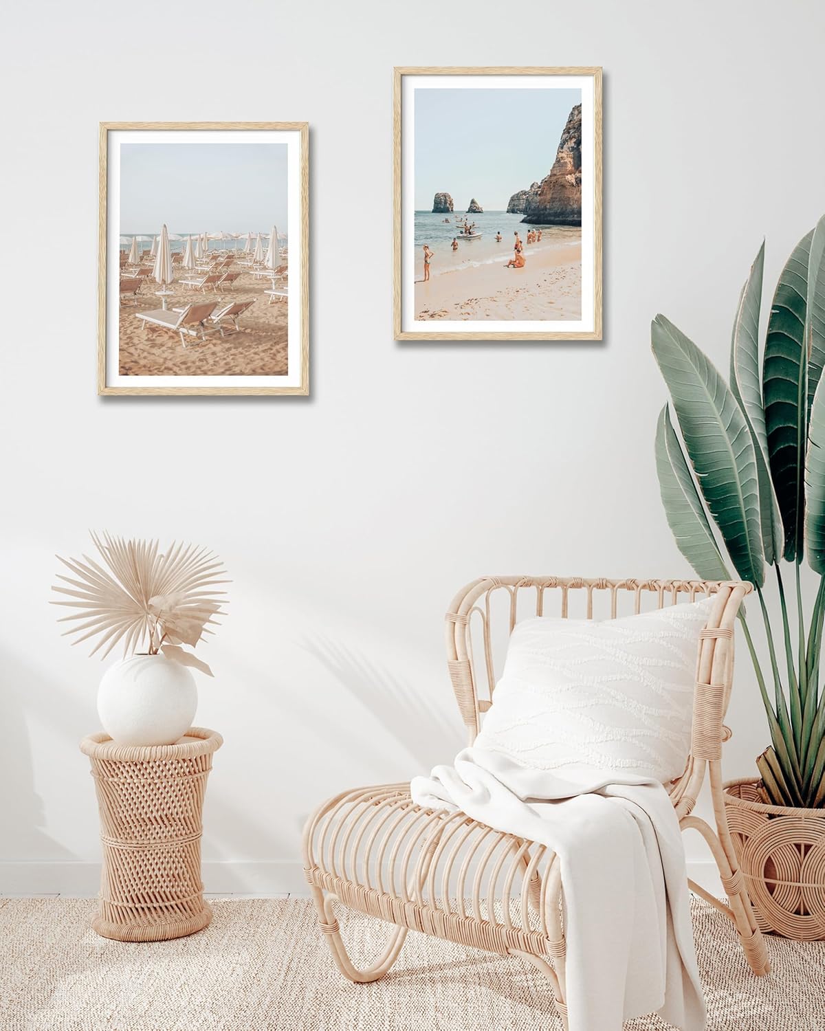 HesenDot Natural OAK Wood Framed Italy Beach Wall Art,12x16in Amalfi Coast Canvas Wall Print,Positano Seascape White Beach Chair Wall Decor for Living Room, Bedroom,Office Gallery Set of 1