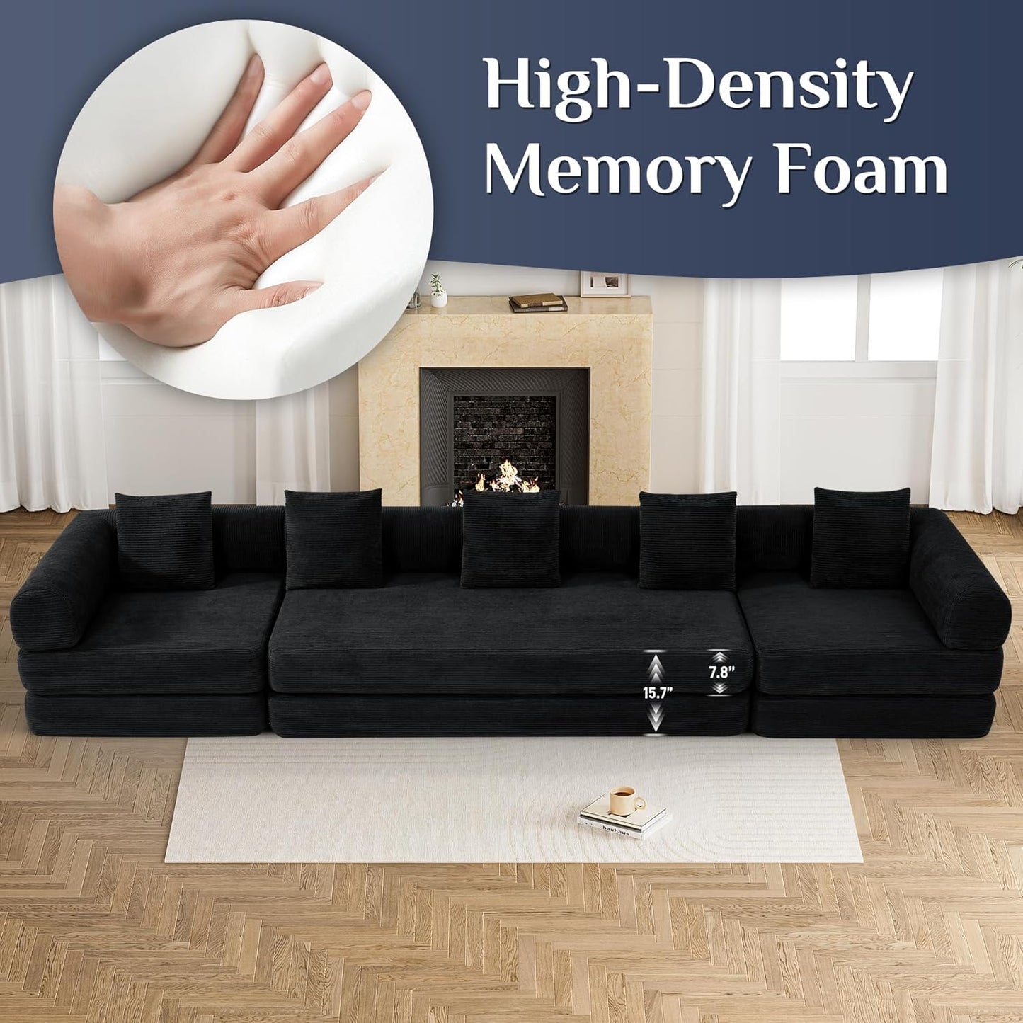 Modular Sectional Loveseat Sofa Cloud Boneless Couch, Modern Sleeper Sofa for Customizable Living Spaces, Cozy Modular Couch for Indoor Room, No Assembly Required, Black