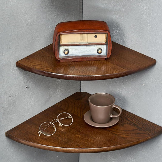 Corner Shelves, Floating Corner Shelf, Set of 2 12inch Solid Oak Wood Corner Wall Shelves, Round End with Wire Hole for Small Plant for Bedroom Kitchen, Living Room