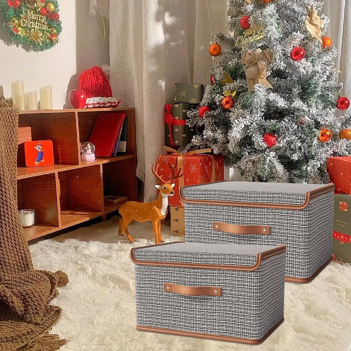 Tuza 4 Pack Storage Bins with Lids, Collapsible Closet Organizer Container, Fabric Organizer Box with Handles, Decorative Storage Boxes with Lids for Organizing Clothes, Blanket, Light Grey, Medium