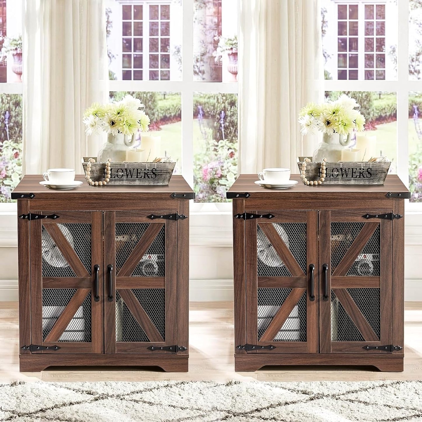 Farmhouse End Table Set of 2, 24" Large Sofa Side Table with Charging Station, Mesh Barn Door, Rustic Wood Nightstand with Adjustable Storage Shelf, Square Nightstand for Living Room