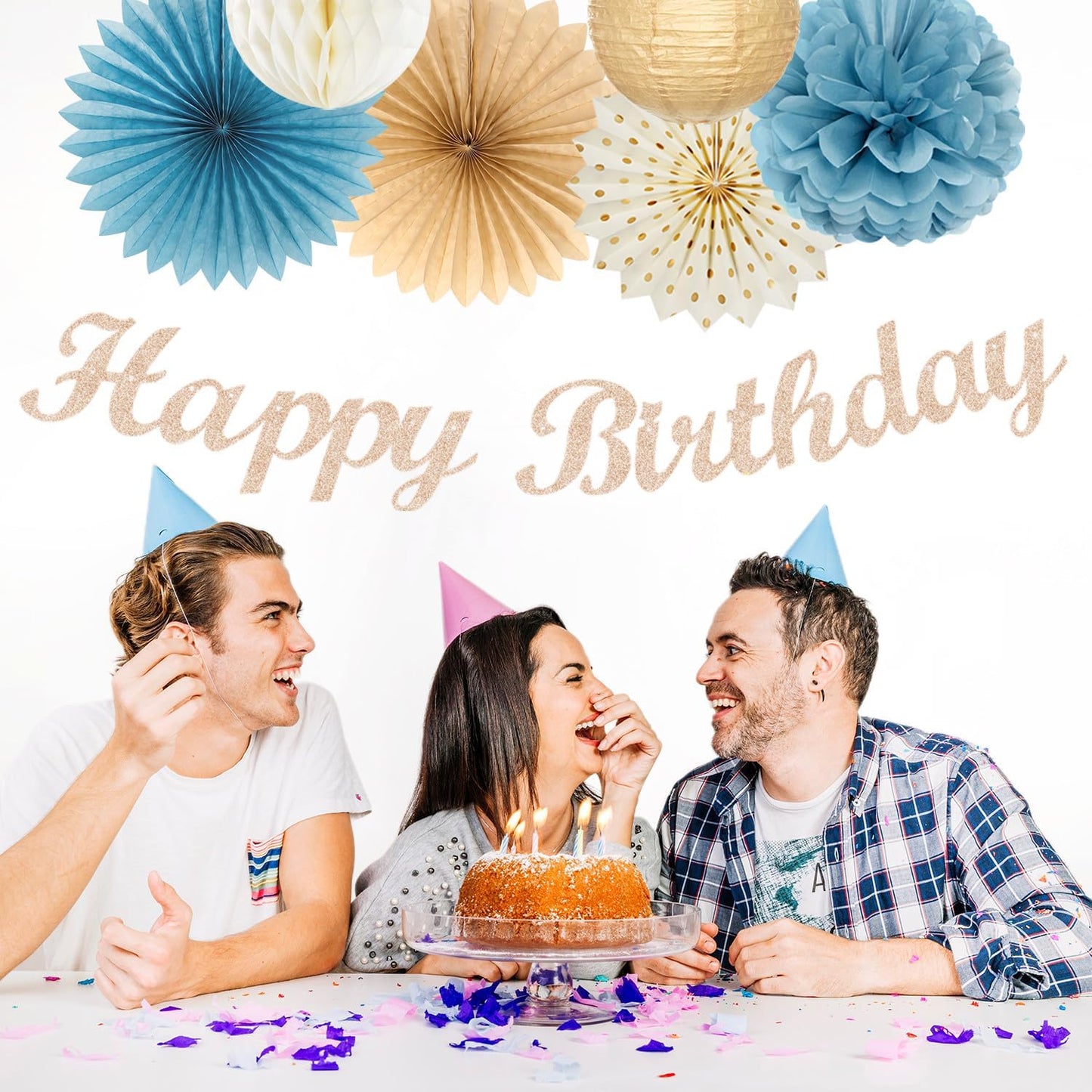 Light-Dusty Blue Beige-Champagne Women Birthday-Decorations - 21pcs Boho Neutral Happy Banner Garland,Paper Streamers Lanterns,Flower Tissue Pom Poms Fan Supplies,Wall Backdrop Party Decor Huglony