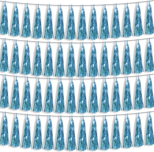 4P Light Blue Foil Fringe Metallic Streamers Banner Tassel Garland for Parade Floats, Bachelorette, Wedding, Birthday, Halloween, Christmas, Bridal/Baby Shower Party Decorations