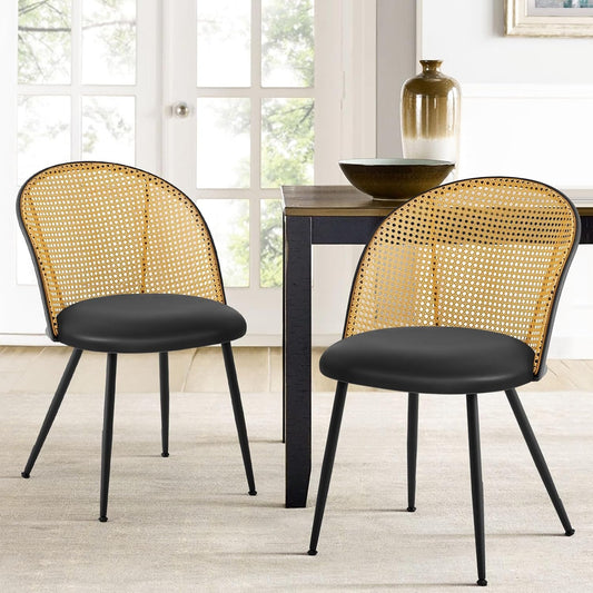 Dining Chairs Set of 2, Mid Century Modern Dining Room Chairs with Full Rattan Back, Faux Leather Kitchen Dining Chairs Farmhouse Armless Mesh Cane Back Side Chairs with Metal Legs, Black