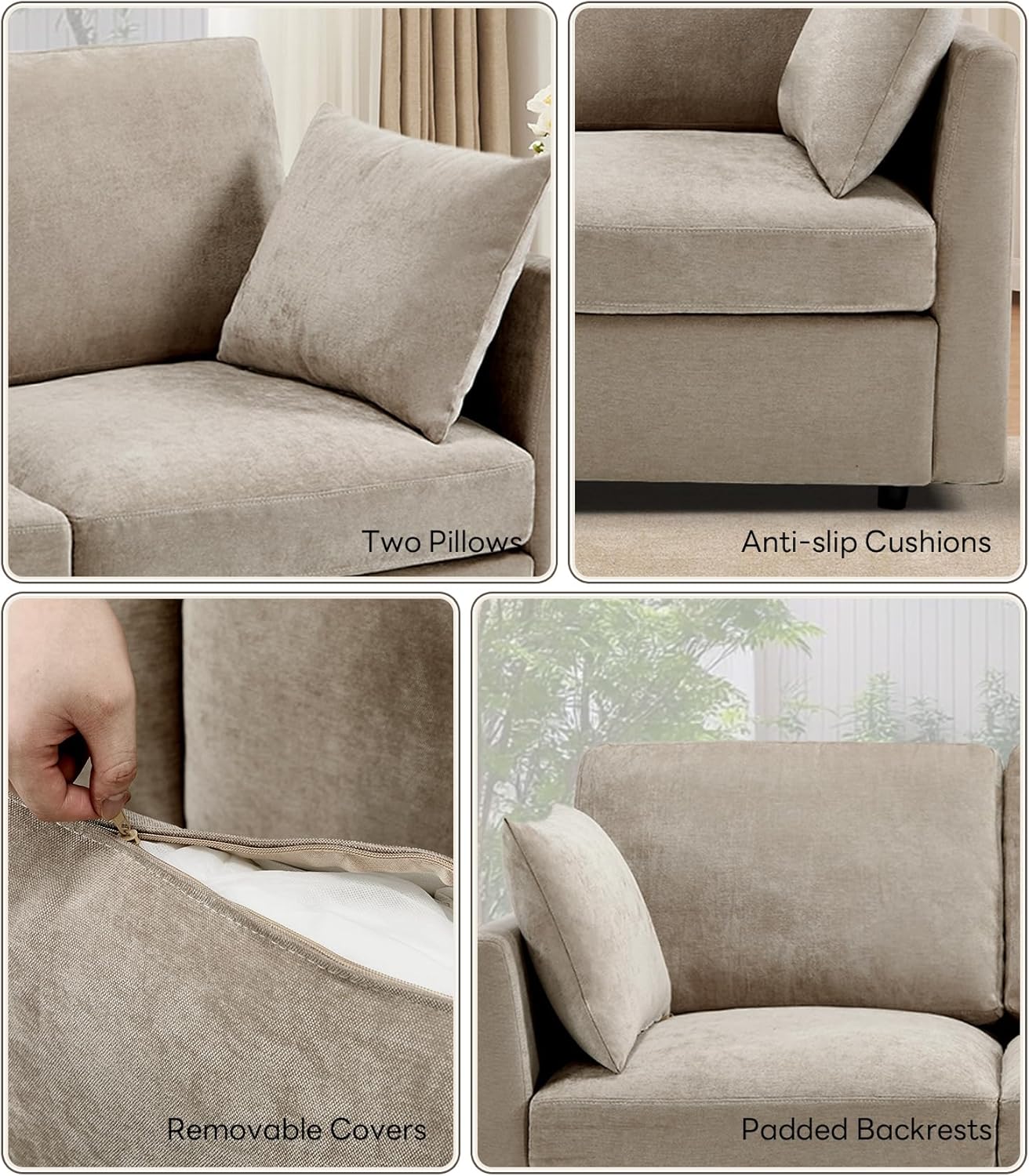 Tbfit 59" Loveseat Sofa, Chenille Small Sofa Couch, Love Seat with 2 Pillows for Small Space, Bedroom & Living Room, Khaki