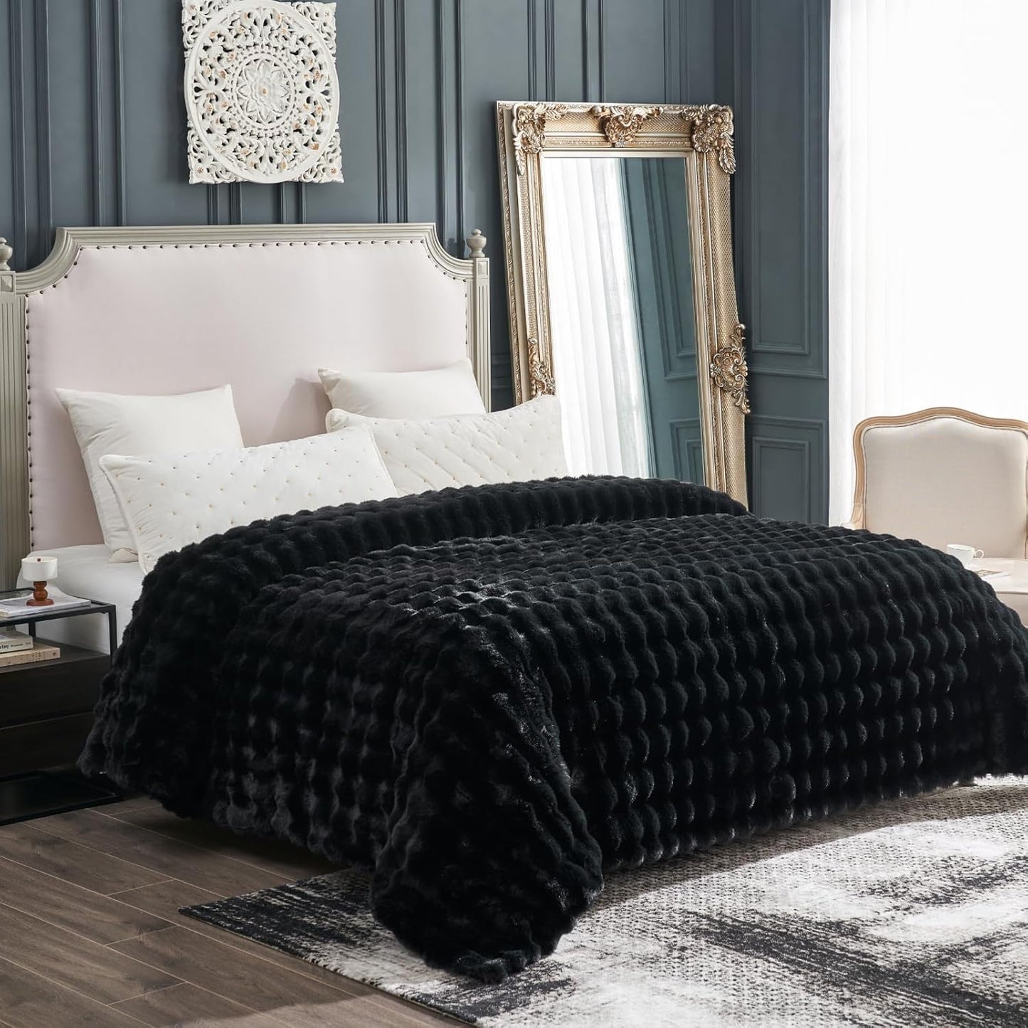 Cozy Bliss Faux Fur Throw Blanket for Couch, Fuzzy Soft Plush Thick Bubble Blanket for Sofa Bedroom Living Room, 108 * 90 Inches Black