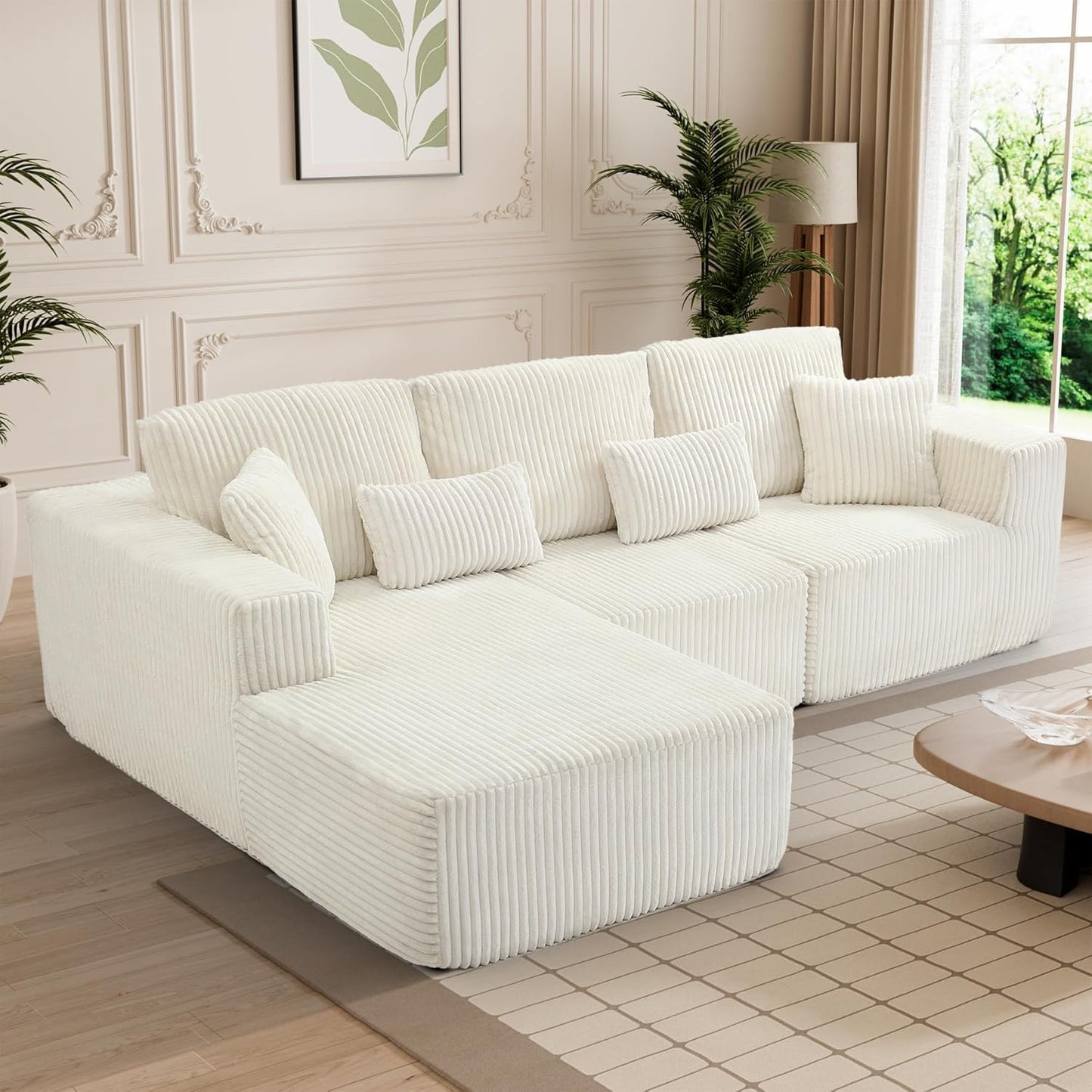 HYJT-H&K Modular Sectional Sofa Cloud Sectional Couch, 107" Comfy Fluffy L Shaped White Couches for Living Room, Deep Seat Memory Foam Plush Corduroy Boneless Couch Sectionals Left Facing Chaise Sofa