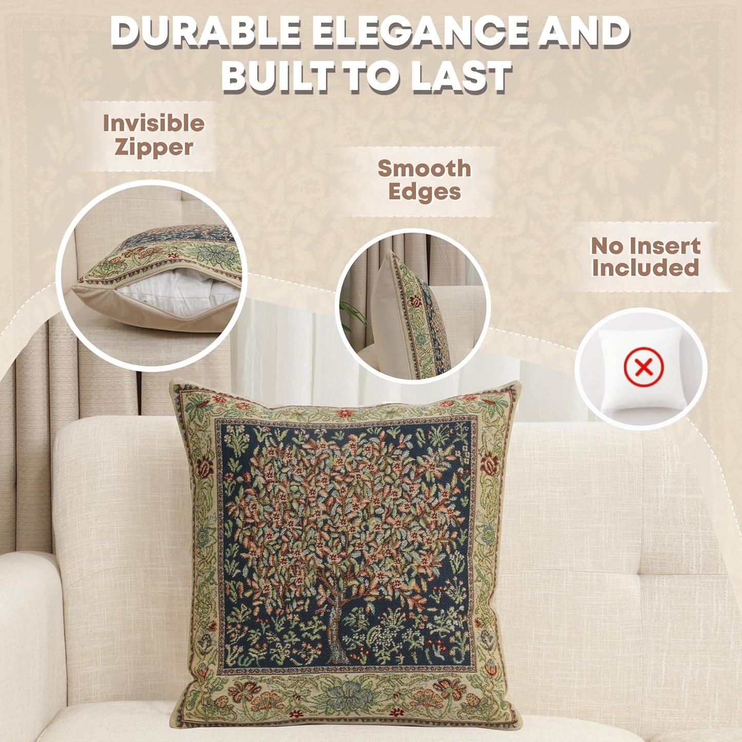 Charlotte Home Furnishings Throw Pillow Covers 16x16 in, Green Pastel Decorative Couch Pillow Cover, Boho Decor European Tapestry Cushion Cases, Living Room Cozy Home Decor, Jacquard Woven Soft Cotton