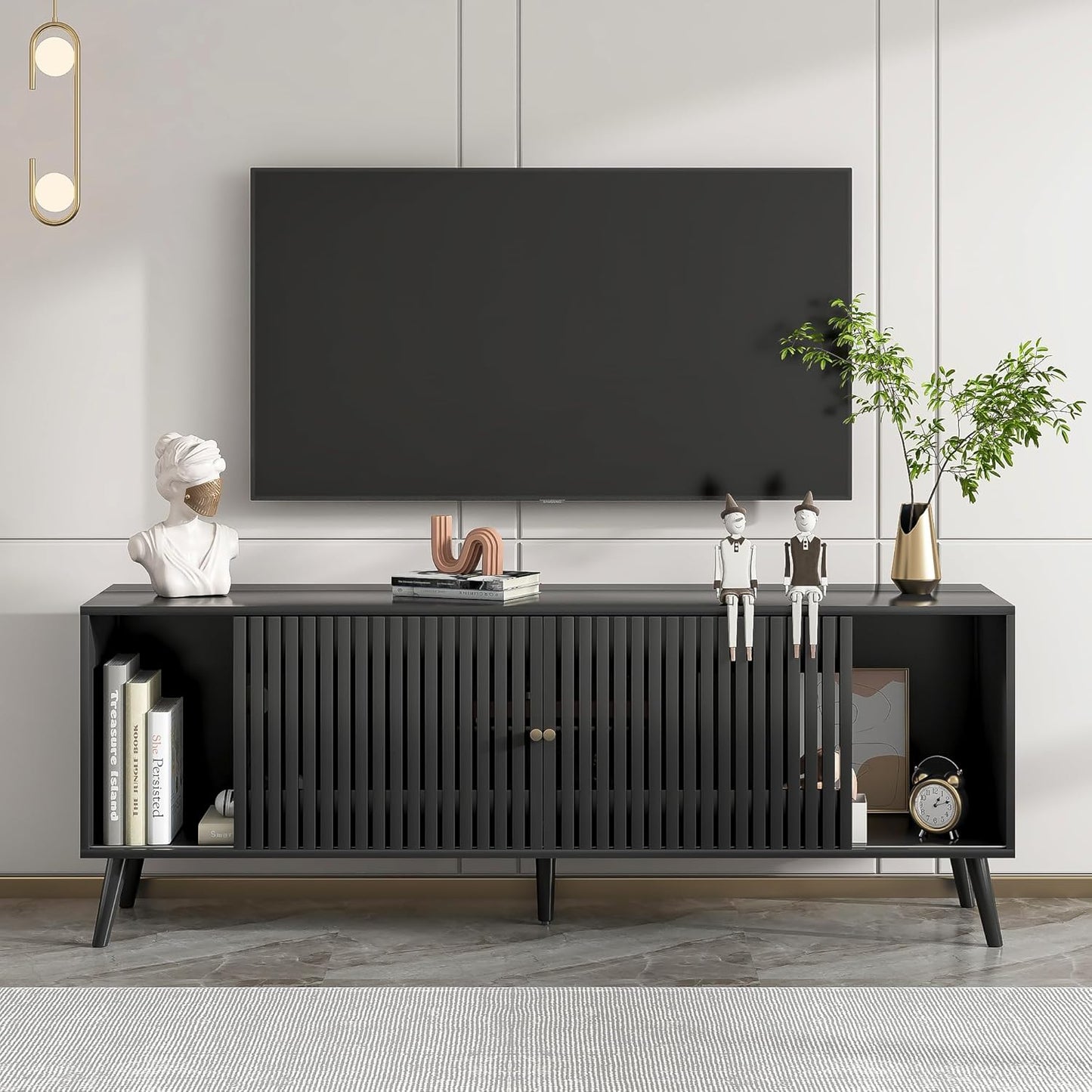 Mid Century Modern TV Stand for Televisions up to 70 Inches, with Sliding Doors and Storage, Television Stands, TV Consoles, Media Consoles for Living Room, 63 Inch (Black)