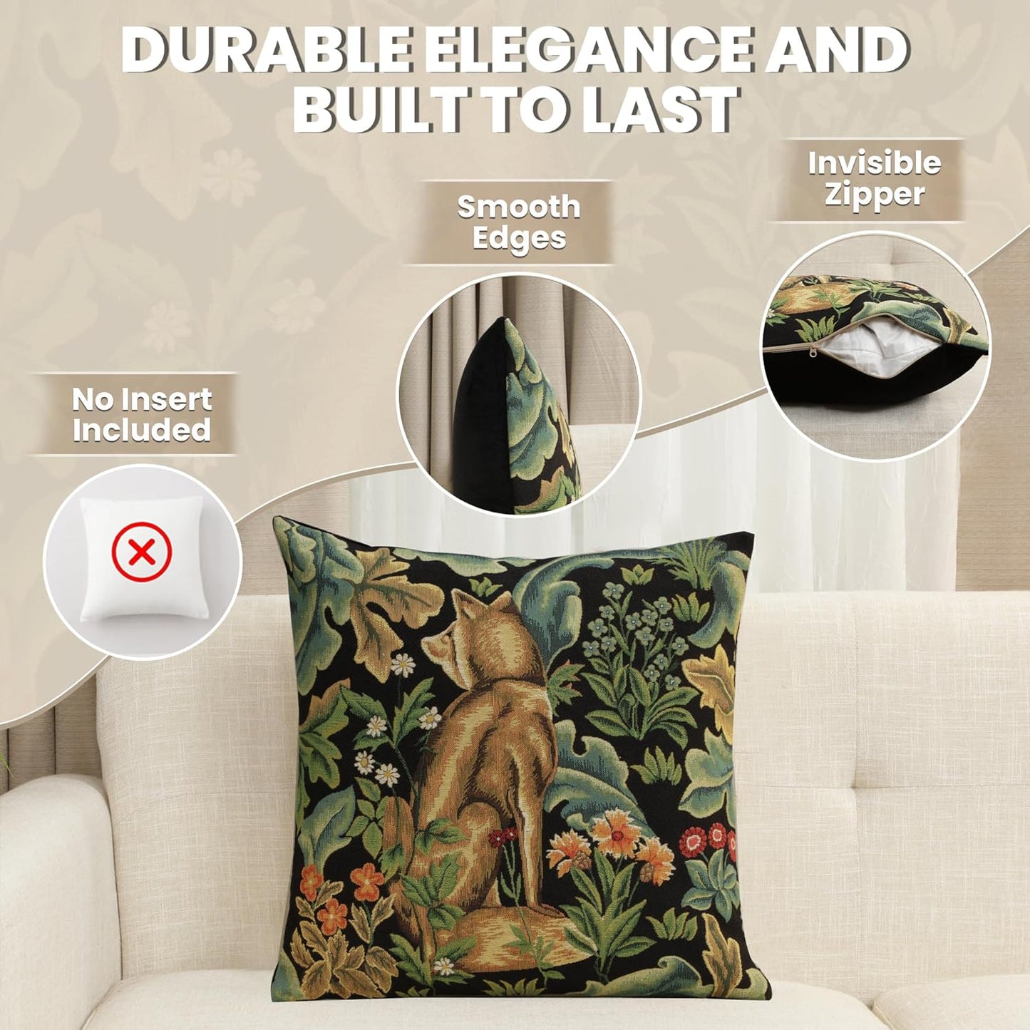 Charlotte Home Furnishings Throw Pillow Covers, Decorative Boho Pillow Covers for Couch, Living Room, Black Wolf Square Cushion Cases 18x18 in, European Cotton Jacquard Woven for Cozy Bedroom Decor