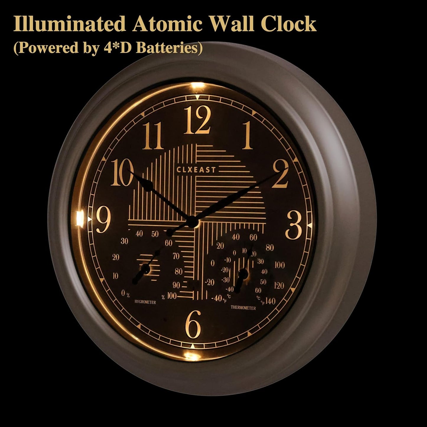 CLXEAST 18 Inch Illuminated Outdoor Indoor Atomic Analog Wall Clock with Temperature & Humidity Combo, Lighted Outdoor Clocks for Patio Large Waterproof with Thermometer, Modern Morning Silver/Gold