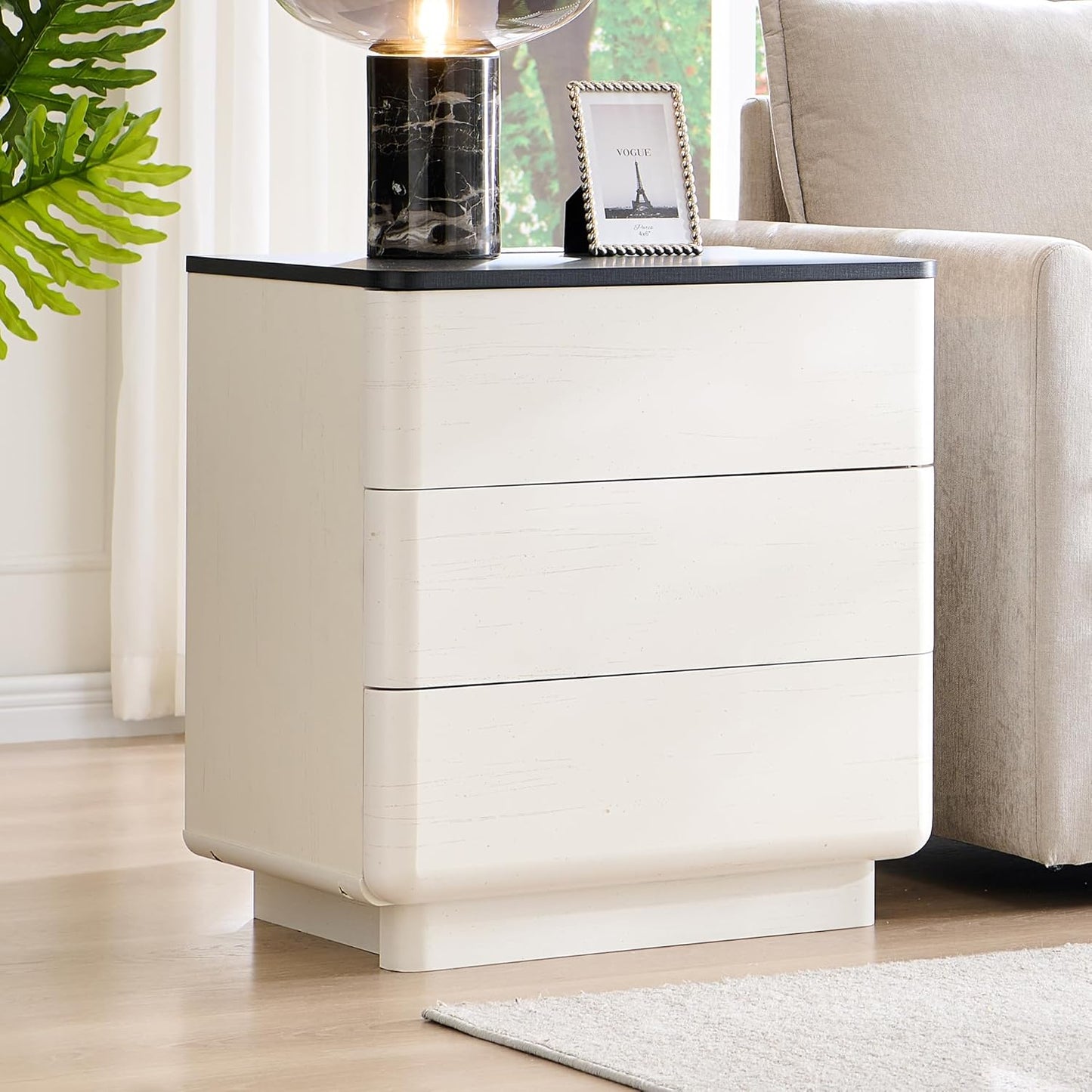 JXQTLINGMU 22" Modern Nightstand with Charging Station, Large Push-to-Open End Table, Wood Bedside Table w/Curved Profile Design, Handleless 3 Drawer Night Stand for Bedroom, Living Room, Off White
