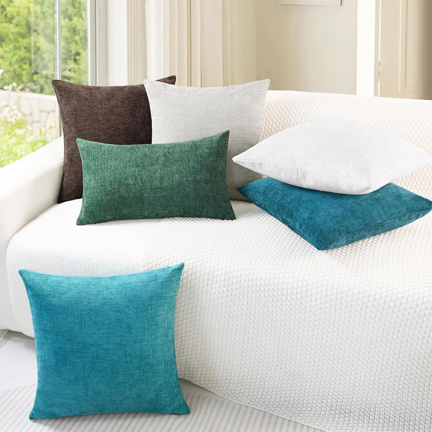 CaliTime Throw Pillow Covers Decorative 24 X 24 Inches Pack of 2 Cozy Chenille Cushion Cases for Couch Sofa Bed Living Room Home Lake Blue