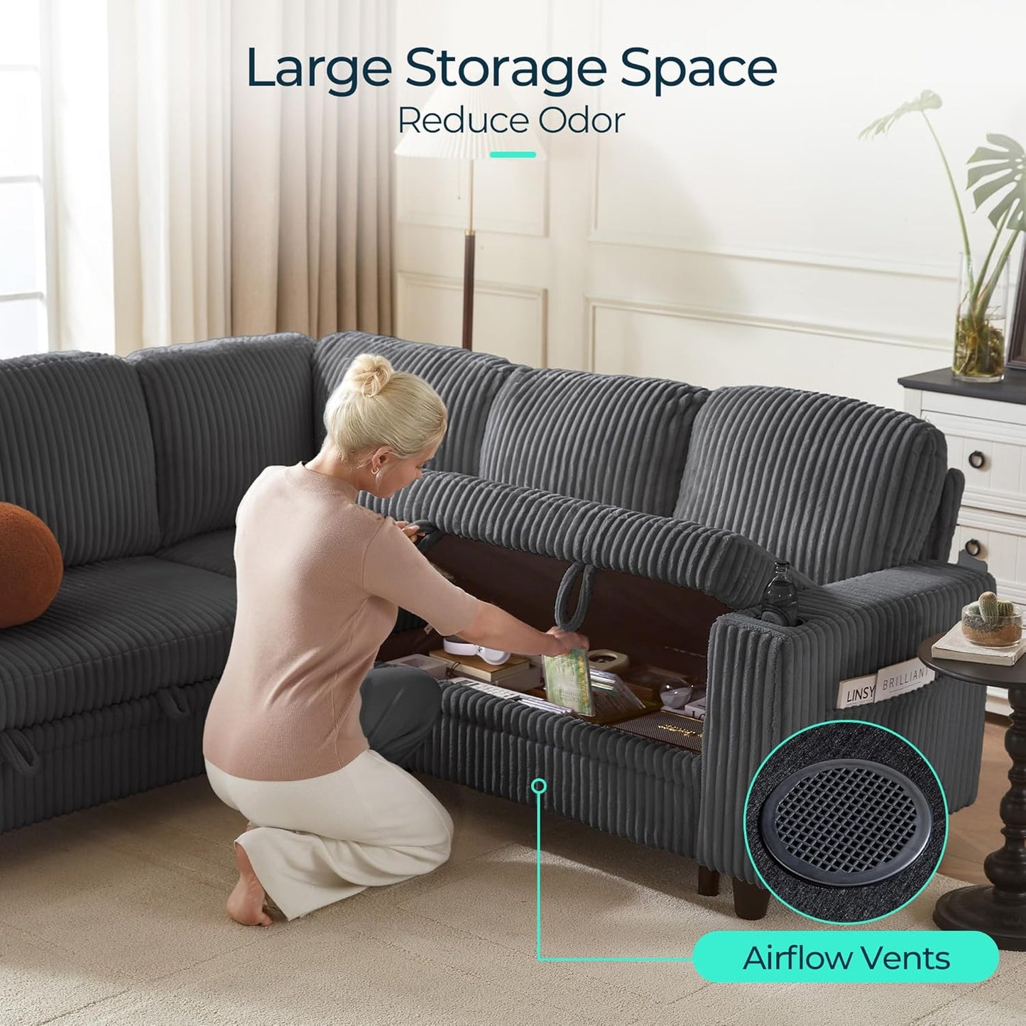 LINSY HOME Sectional Sleeper Sofa with Pull Out Couch Bed - Convertible Plush Corduroy Cloud Couch with Storage Chaise & USB Charging, Comfy Modular Couches for Living Room, Grey