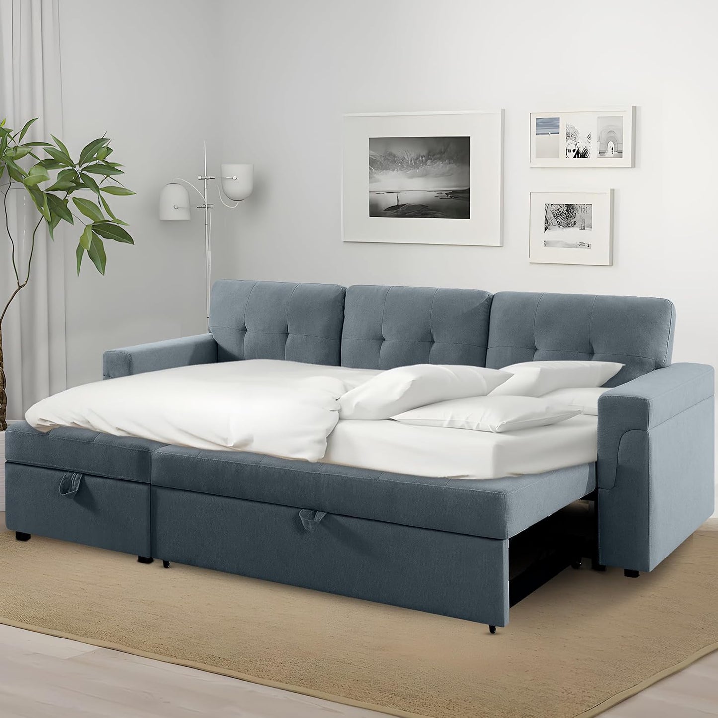 Naomi Home Transform Any Space: Sleeper Sectional Sofa with Convertible Sofa Bed & Inviting Chaise. Find Tranquil Comfort with Stress-Relieving Design & Durable Cushions - Dark Gray/Velvet