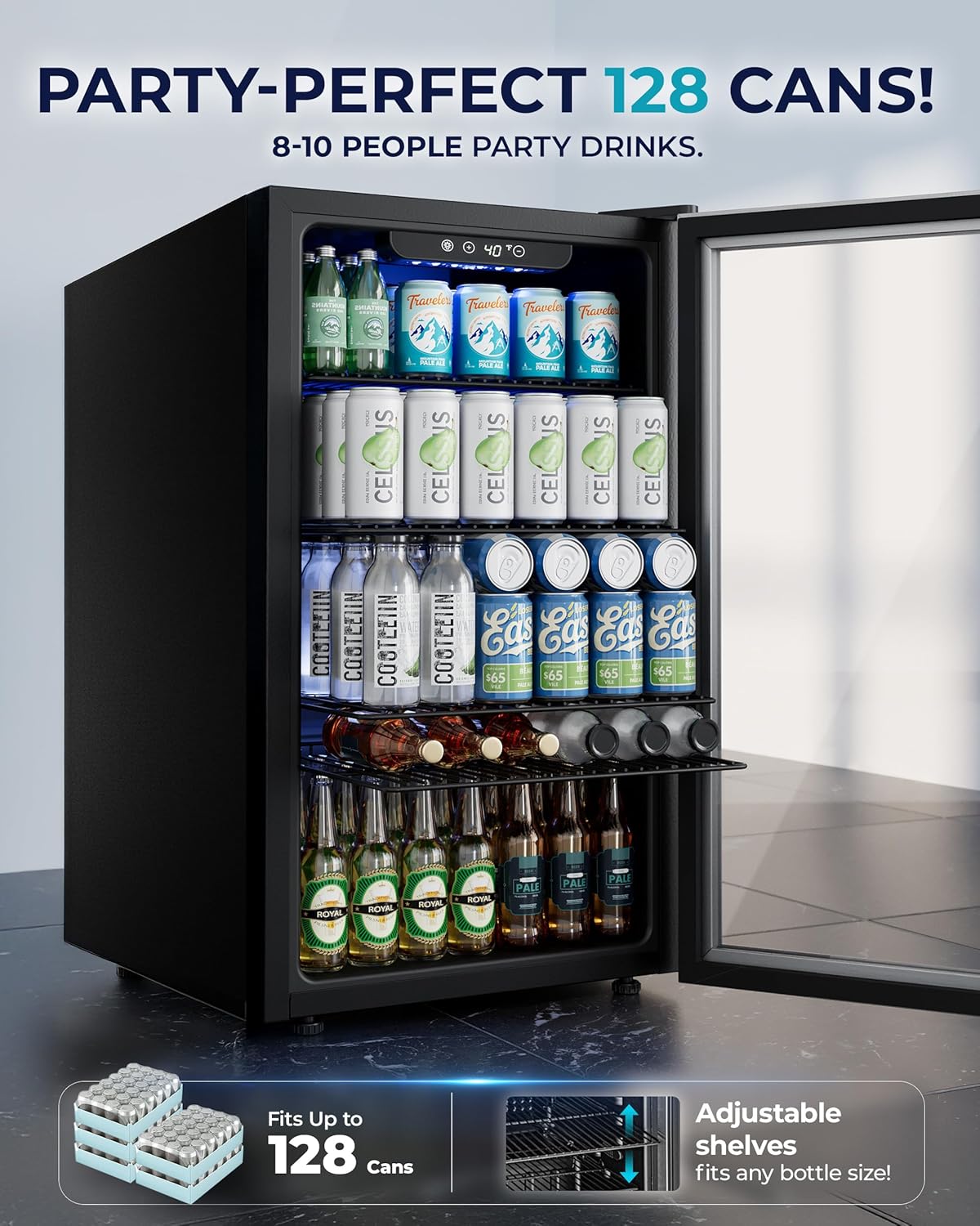 EUHOMY Beverage Refrigerator and Cooler, 128 Can Mini fridge with Glass Door, Small Refrigerator with Adjustable Shelves for Soda Beer or Wine, Perfect for Home/Bar/Office, Silver