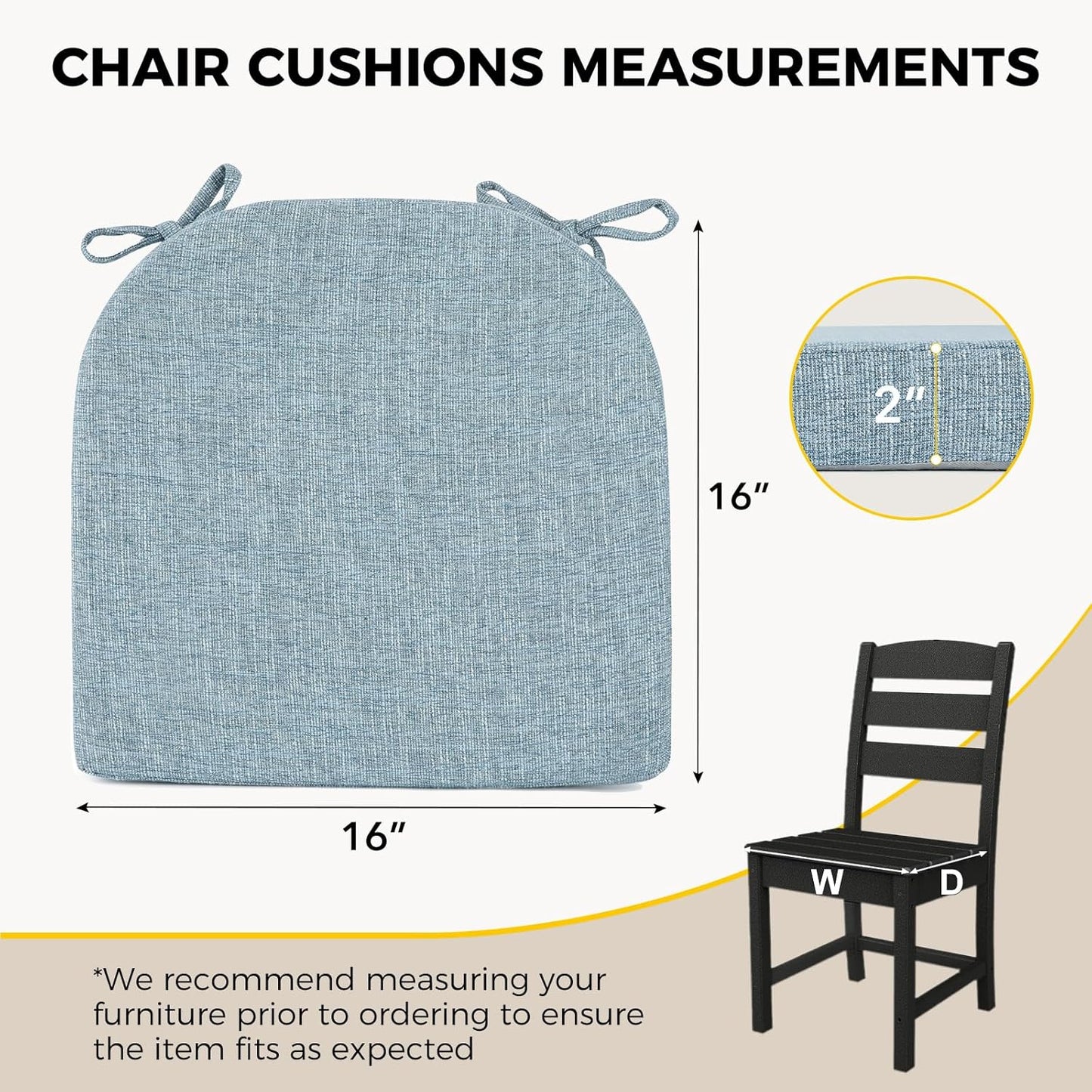 downluxe Indoor Chair Cushions for Dining Chairs, Soft and Comfortable Textured Foam Kitchen Chair Pads with Ties and Non-Slip Backing, 16" x 16" x 2", Light Blue, 6 Pack