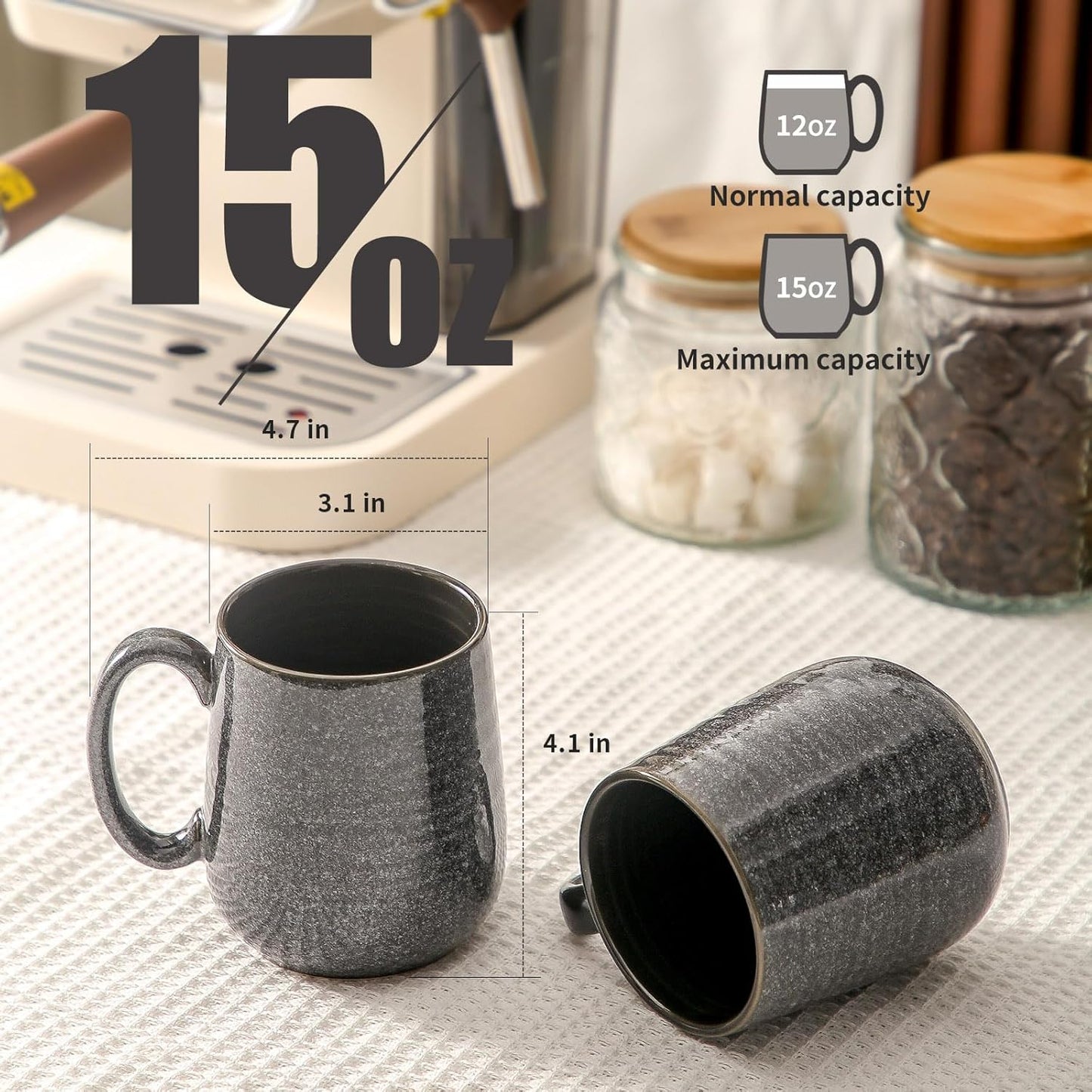 Hasense Ceramic Coffee Mugs - 15 OZ Large Coffee Cups Set of 6 with Handle for Hot Beverages, Porcelain Latte Mugs for Tea, Milk, Cocoa, Cappuccino and Mocha, Microwave and Dishwasher Safe, Grey