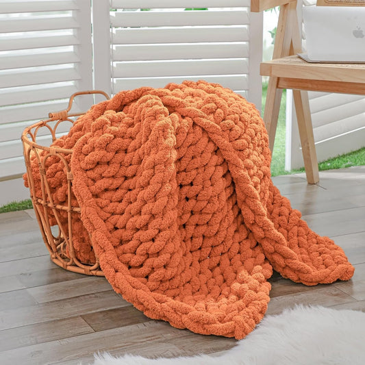 Bigacogo Chunky Knit Throw Blanket for Couch, 40x60 inches, 100% Hand Knitted with Thick Jumbo Chenille Yarn, Cozy Soft Large Rope Knot Cable Crochet Blankets for Sofa Bed Living Room, Terracotta
