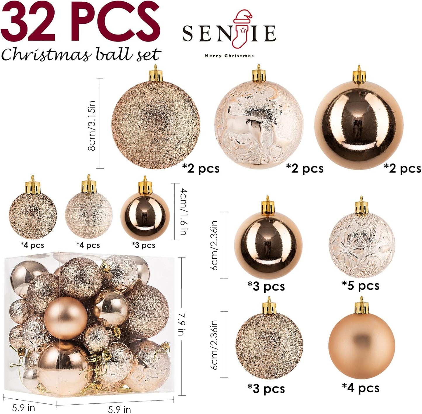 Christmas Ornaments for Xmas Trees,Champagne Shatterproof Christmas Ball Ornaments