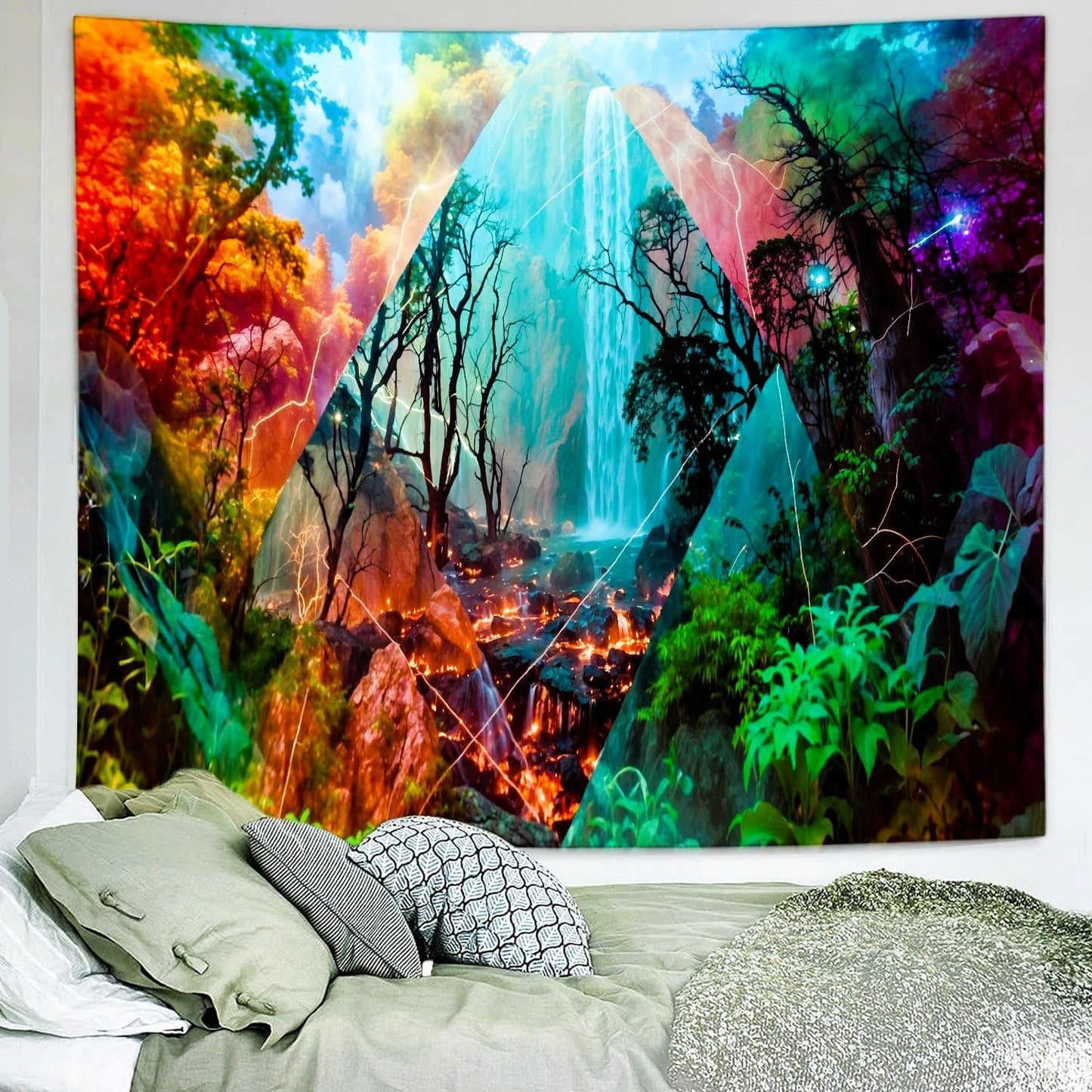 Delur Forest Tapestry Waterfall Mountain Rainforest Sunset Nature Tree Tapestry Wall Hanging Scenic Tropical Landscape Natural Sunrise Headboard for Bedroom Living Room Home Decor (59.1" x 78.7")