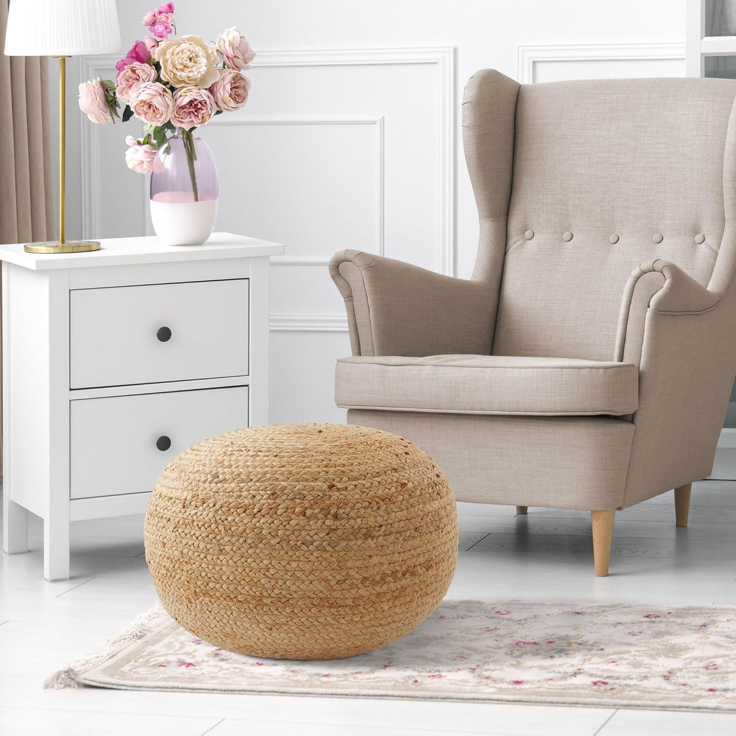Casafield Hand-Braided Jute Pouf Ottoman Footrest, 19" Round x 10-1/2" High, Natural Woven Boho Floor Cushion, Home Decor for Living Room, Bedroom, Apartment