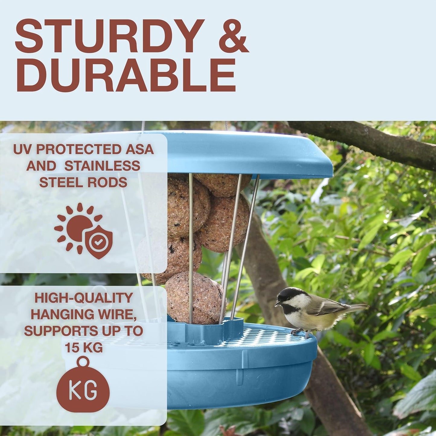 SWISSINNO No Mess Bird Feeder Lucerne Smart Birds for Fat Balls - Feed Birds, not mice & Rats! Robust & Reliable for Hanging - Made in EU - Light Blue