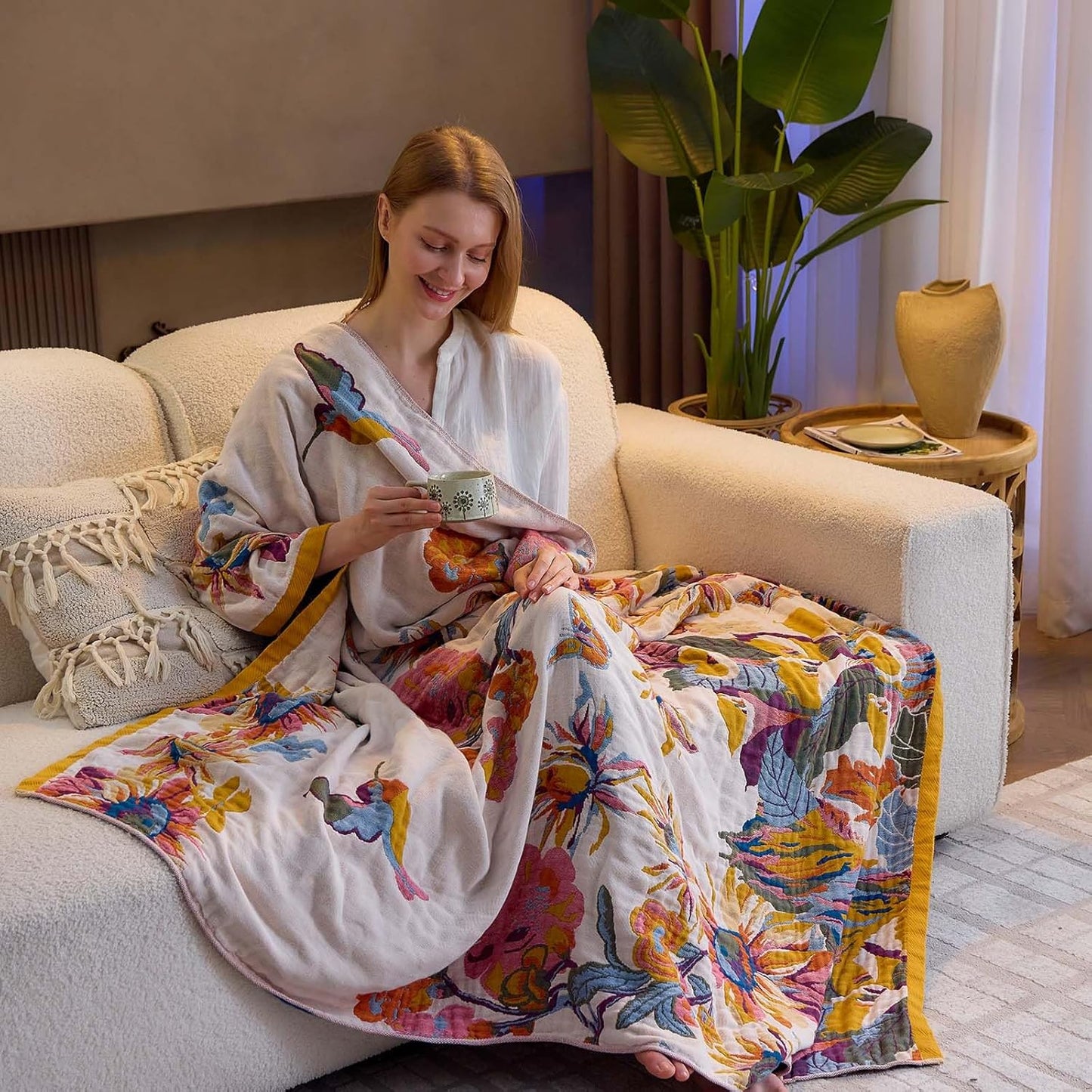 Boho Throw Blanket, 100% Cotton Ultra Soft Luxury Throw Rustic Quilt, 50"x60" Floral Bird Butterfly Farmhouse Decor Bed Blankets, All Season Rustic Reversible Bohemian Throw for Bed - Yellow