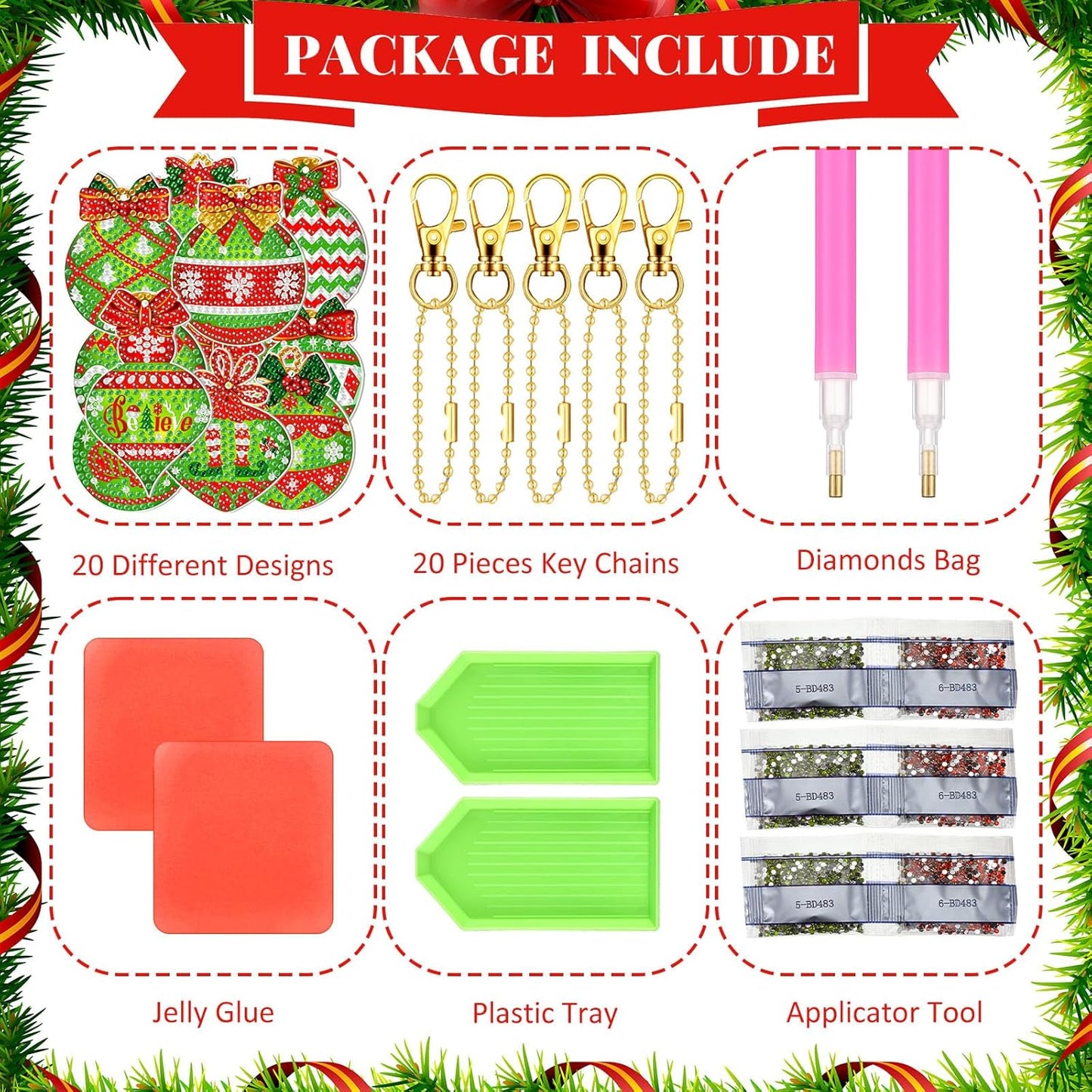 Tondiamo 20 Pcs Christmas Diamond Painting Keychain Kits 5D DIY Diamond Art Pendants Double Sided Hanging Key Chains for Christmas Party Decoration DIY(Green Balls)