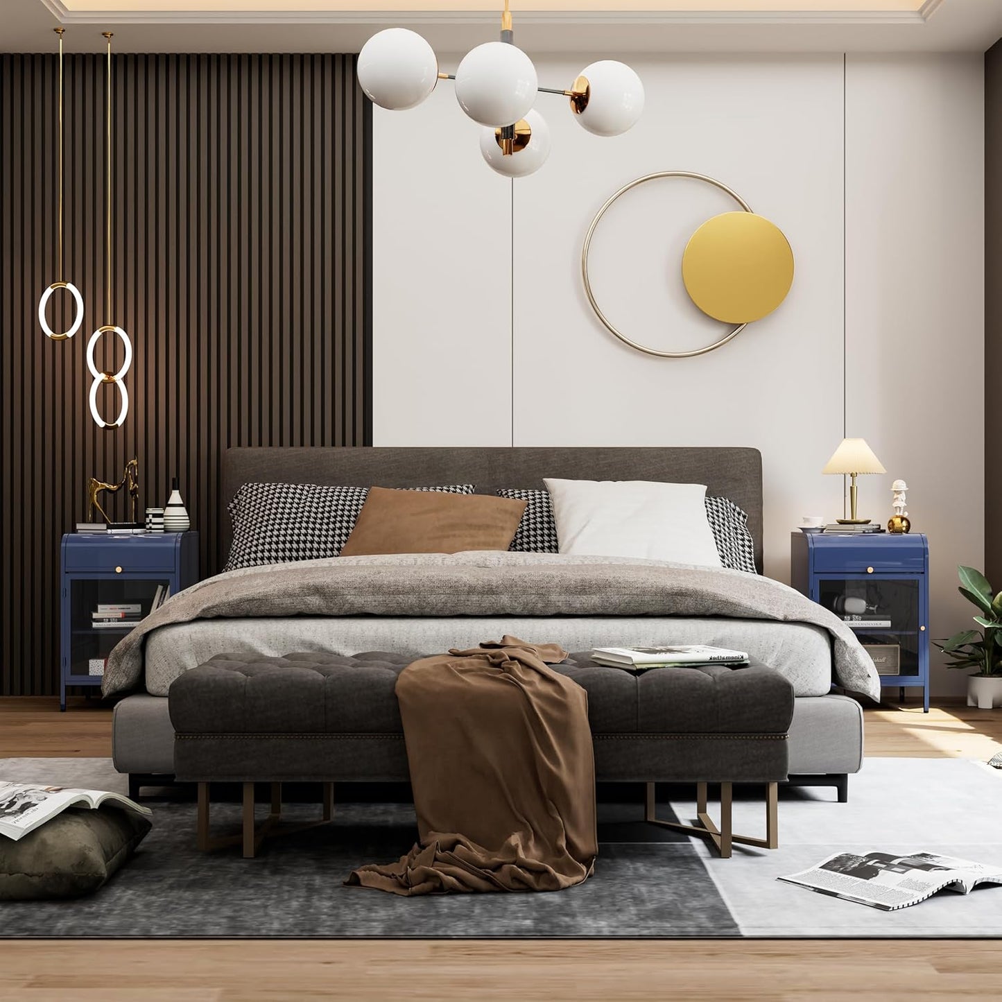 Modern Metal Side Tables Set of 2, End Tables with Glass Door, 2-Tier Nightstands with Storage Shelves, Accent Table, Slim Sofa Table for Living Room, Bedroom (Blue)