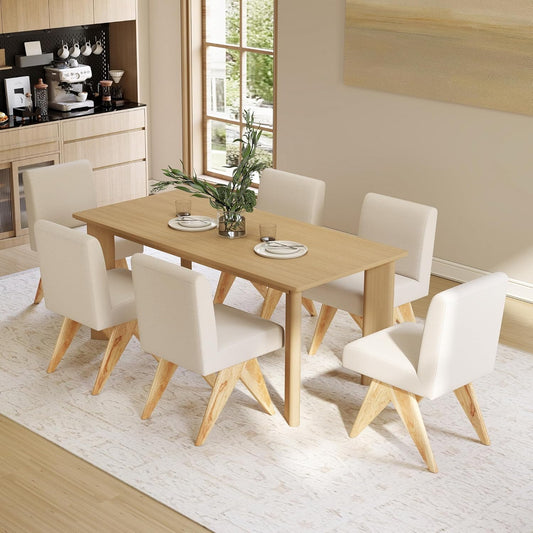 Mid Century Modern Farmhouse Dining Chairs Set of 6, Upholstered Armless Kitchen Chairs with Back and Wooden Legs, Linen Beige