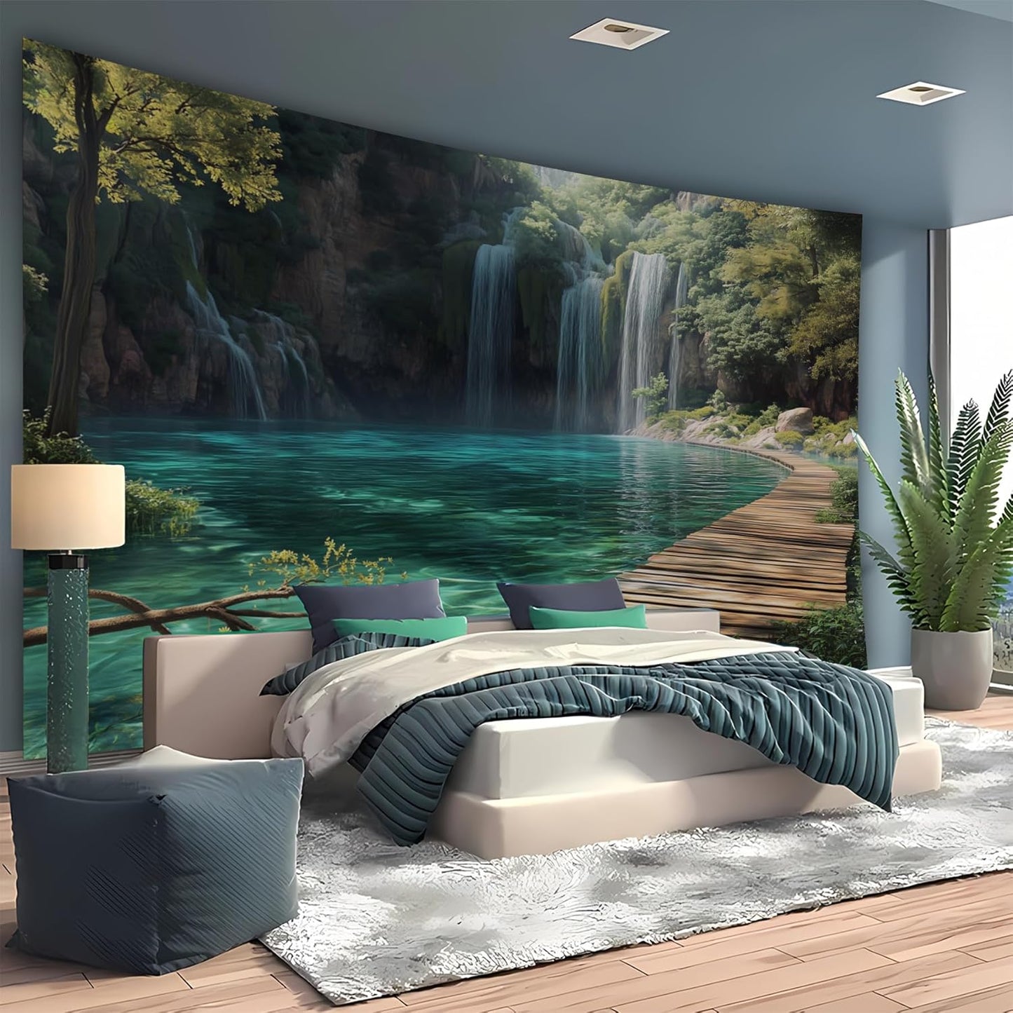 BSFHH Nature Tapestry Forest Tree Sea Cave Wall Hanging, Stream Through Rainforest Landscape Wall Art Tapestry for Bedroom Living room (Waterfall, 110" × 87", Unframed)