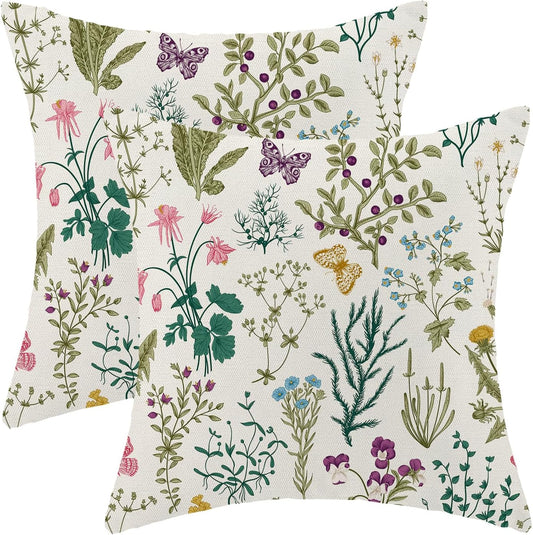 CXMEIFLY Spring Pillow Covers 16 x 16 Inch Set of 2 Vintage Sage Green Teal Wild Flowers Decor Throw Pillows Leaves Plant Outdoor Farmhouse Decorative Cushion Cases for Couch Bed Sofa Decoration