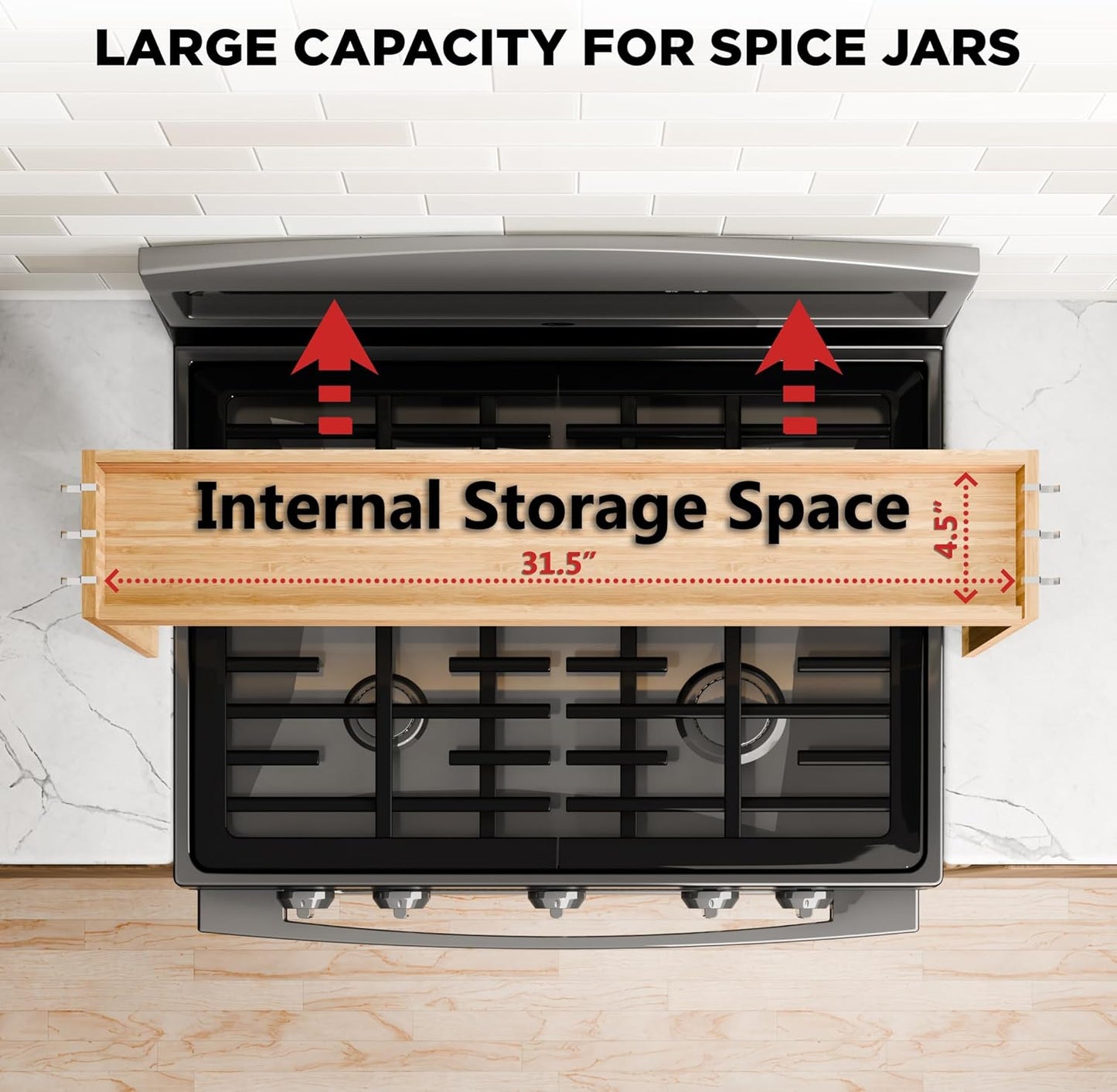 Edgecrest Bamboo Over The Stove or Sink Modern Spice Shelf, No Annoying Middle Screw, 31.5” Wide Storage, 11.4” High Countertop Shelf, 6 Side Hooks, Easy to Assemble, Eco-Friendly Durable Material