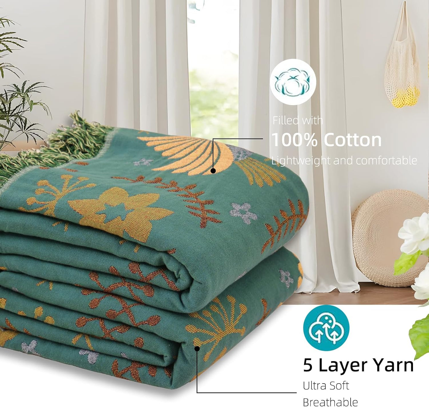 Boho Throw Blanket for Bed - 100% Pure Cotton Ultra Soft Rustic Quilt - Farmhouse Decor Bed Blankets, All Season Rustic Throw for Sofa Couch Chair(60"×80", Bird A)