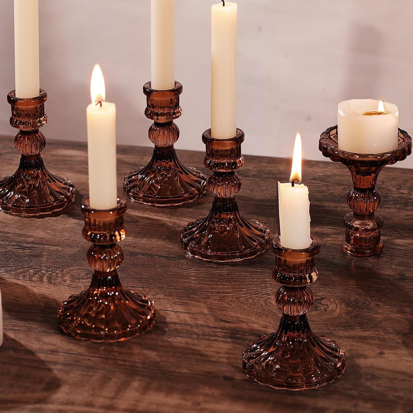 12PCS Amber Candlestick Holders Set- 4" H Taper Candle Holders, Glass Candle Holders Bulk for Wedding, Party, Fall Home Table Centerpieces, Festival Gifts & Windowsill Decor