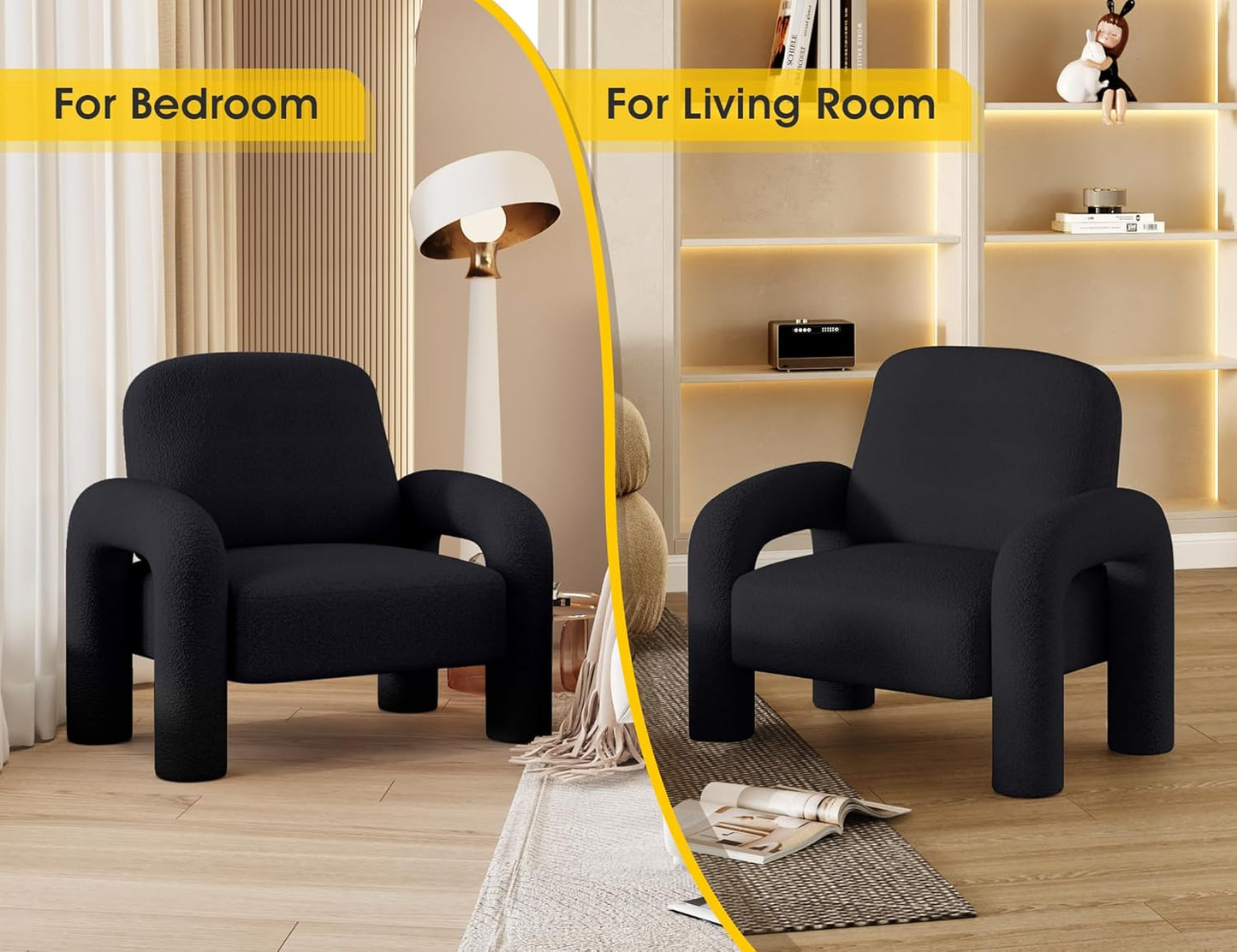 Modern Sherpa Accent Chair, Teddy Upholstered Arm Single Sofa, Cozy Fluffy Reading Chair for Living Room, Bedrooms, Corner (Black)