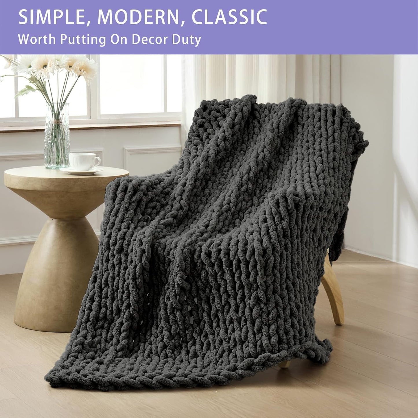 Bigacogo Chunky Knit Throw Blanket for Couch, 40x60 inches, 100% Hand Knitted with Thick Jumbo Chenille Yarn, Cozy Soft Large Rope Knot Cable Crochet Blankets for Sofa Bed Living Room, Dark Grey