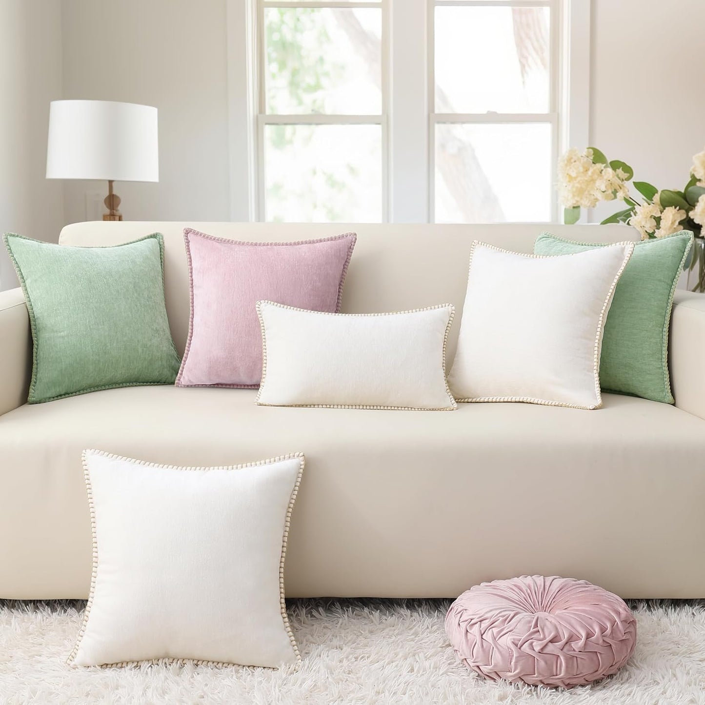 decorUhome Chenille Soft Throw Pillow Covers 16x16 Set of 2, Farmhouse Velvet Neutral Decorative Euro Pillow Covers with Stitched Edge for Couch Sofa Bed Home Decor, Cream White