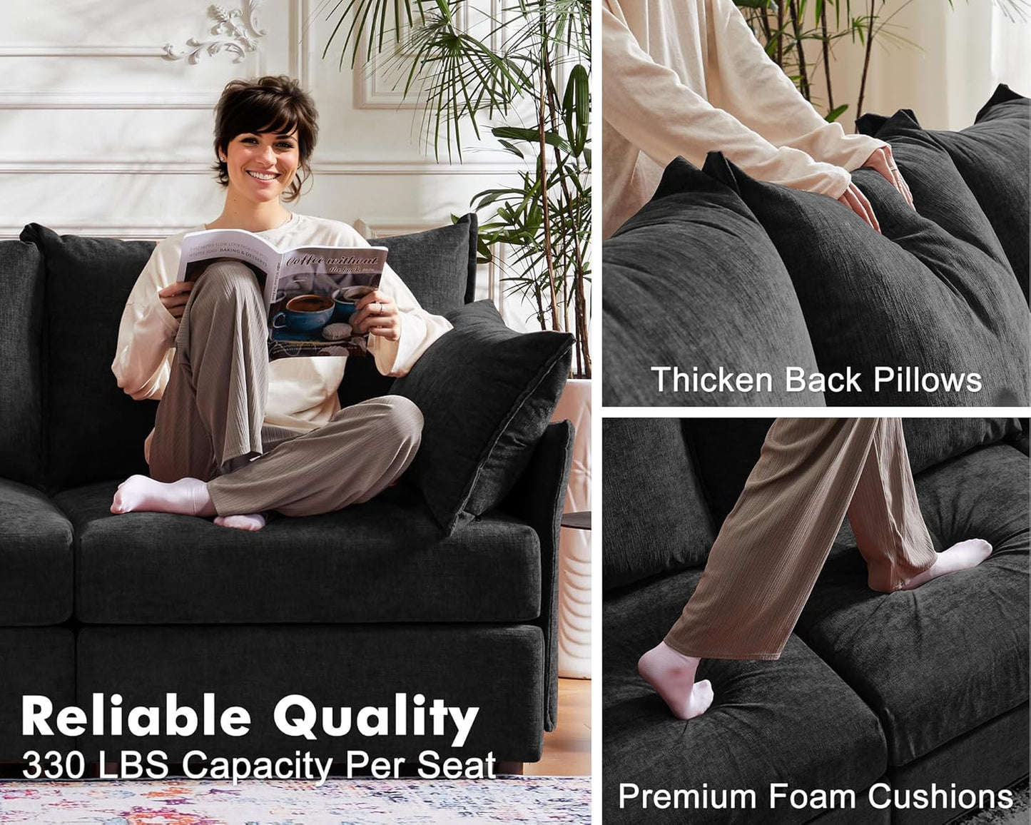 134.6" Modular Sectional Sofa, Oversized 4 Seater Couch with Removable Black Chenille Fabric Cover, Deep Seat & High Backrest for Living Room, Office & Apartment