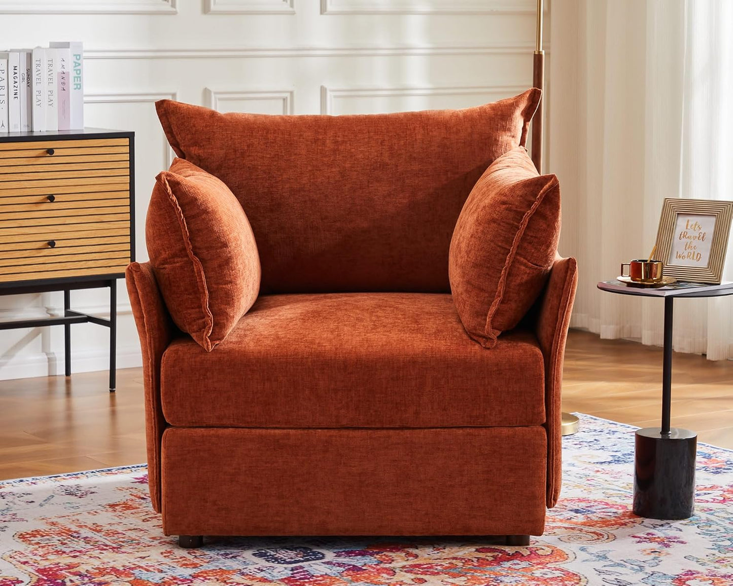 Oversized Accent Chair, Upholstered Modern Sofa Chair with Removable Backrest & Detachable Cover, 24.5" Deep Seat Large Reading Armchair for Living Room Bedroom - Chenille Terracotta Set of 2