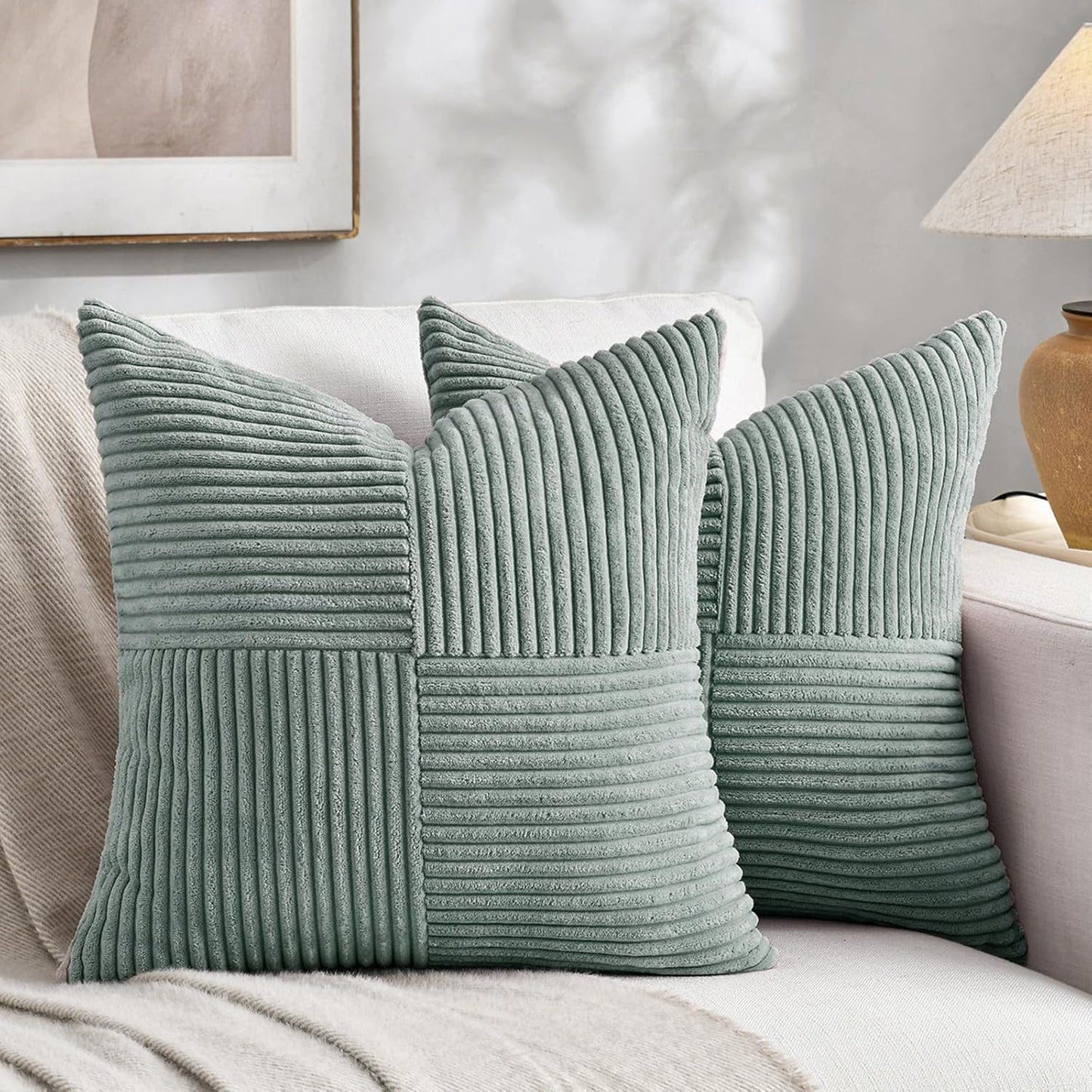 Fancy Homi 2 Packs Grey Blue Euro Decorative Throw Pillow Covers 28x28 Inch for Couch Bed Sofa, Rustic Farmhouse Boho Home Decor, Soft Corss Corduroy Patchwork Textured Square Cushion Case 71x71 cm